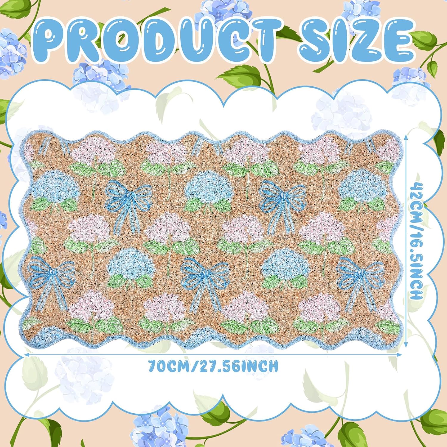Dunzy Hydrangea Doormat Blue Scalloped Hydrangea Bow Coir Door Mat Spring Indoor Outdoor Front Non-Slip Welcome Mat Decorative Rug for Home Entrance Porch