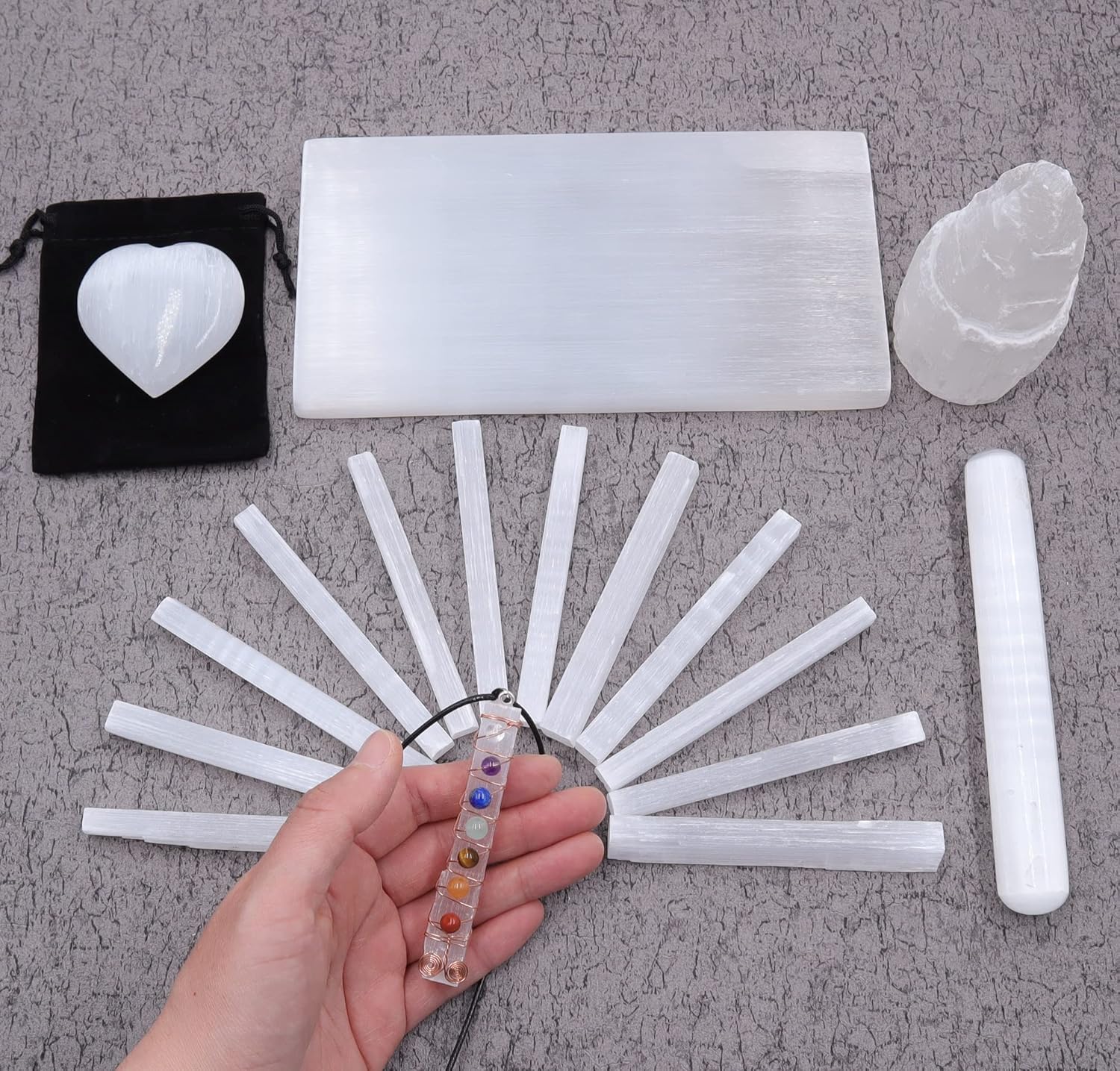 NatureWonders Selenite Collection Box: 8"x4" Charging Plate, 4" Sticks x 12, 4" Tower Skyscraper, 6" Polished Wand, Heart, Drawstring Bag, Healing Crystal Cleansing