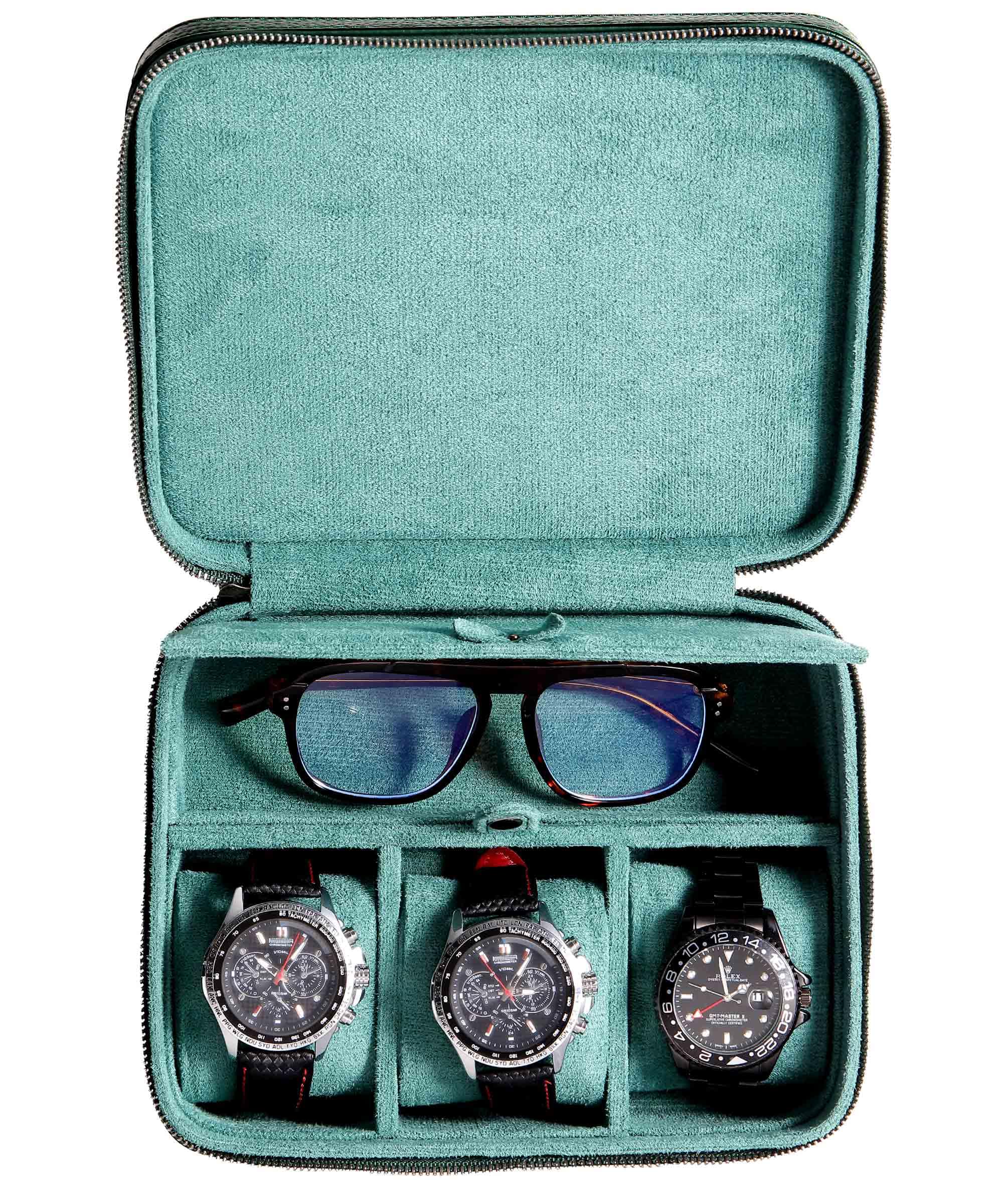 Caja de cuero auténtico para hombre, estuche de viaje con compartimento para gafas, bolsa de transporte de piel auténtica granulada para 3 relojes, rollo de viaje, cremallera (verde)
