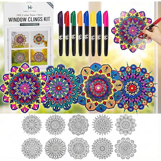 Hula Home Stained Glass Mandala Art Kit - DIY Window Clings with Markers, 10 Suncatchers - Perfect Hobby for Adults, Kids, Teens & Seniors - Ideal Gift for Beginners, Women & Elderly