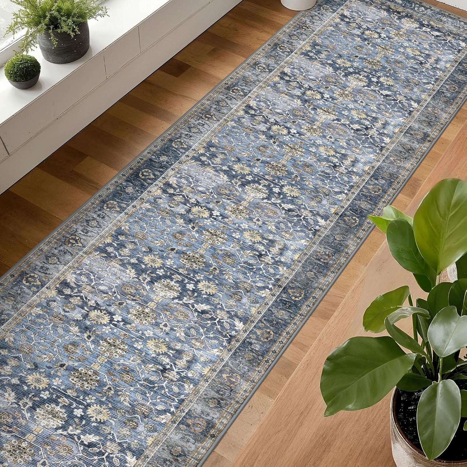 KUTA Vintage Washable Long Runner Rug, 2.6x18 Blue Grey Beige Runners for Hallways Non-Slip Kitchen Rugs Ultra Thin Soft Printed Distressed Floral Floor Carpet for Bedroom Living Room Nursery