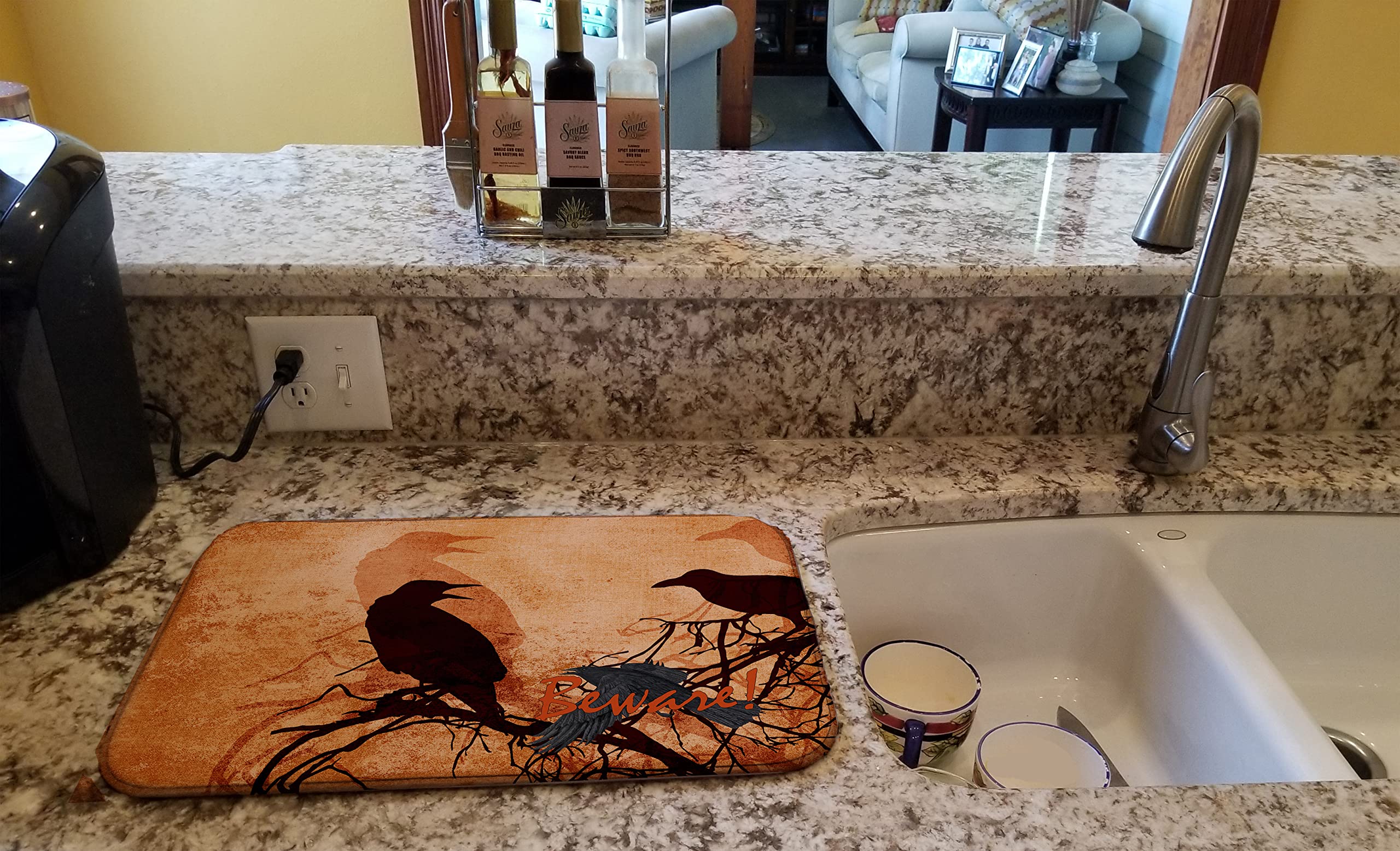 Caroline's Treasures SB3009DDM Beware of the Black Crows Halloween Dish Drying Mat Absorbent Dish Drying Mat Pad for Kitchen Counter Dish Drainer Mat for Countertop, 14 x 21