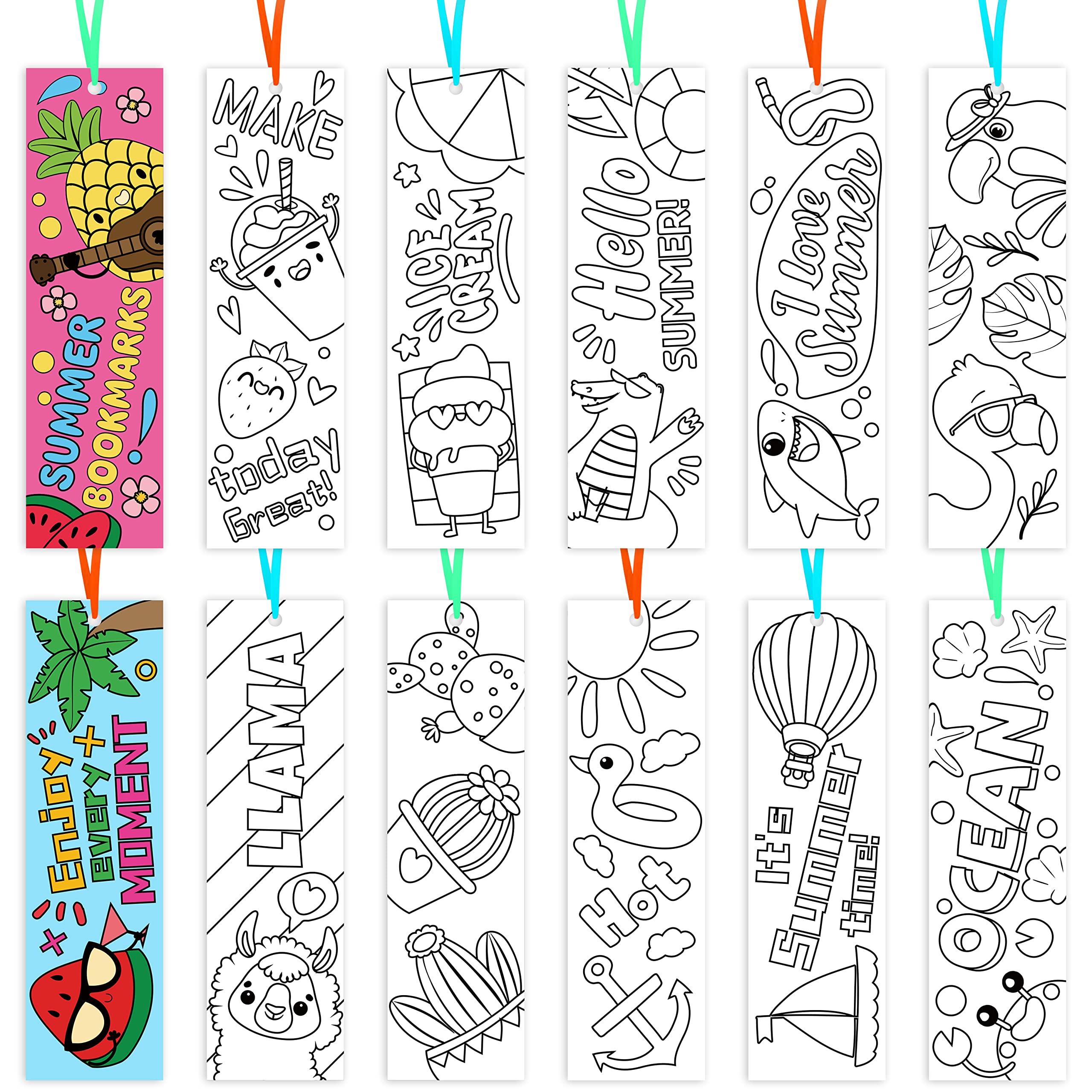 Haooryx Color Your Own Summer Bookmarks Bulk - 150Pcs Kids DIY Coloring Blank Bookmark Summer Theme Book Marks for Teacher Student Classroom Rewards Supplies Paper Art Craft Kit Party Gift Bag Fillers