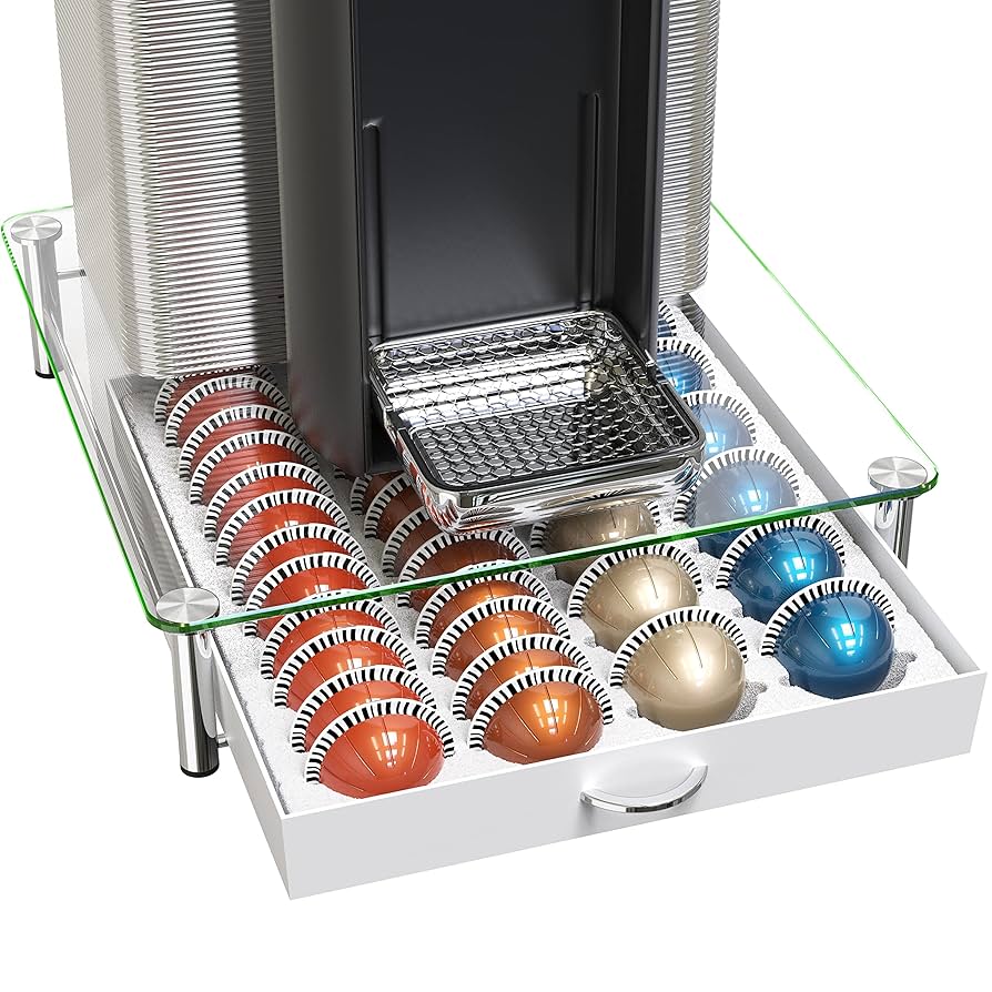 DecoBrothers Crystal Tempered Glass Vertuo Pod Holder Drawer, 24 Large or 48 Small Nespresso Capsule Organizer, White