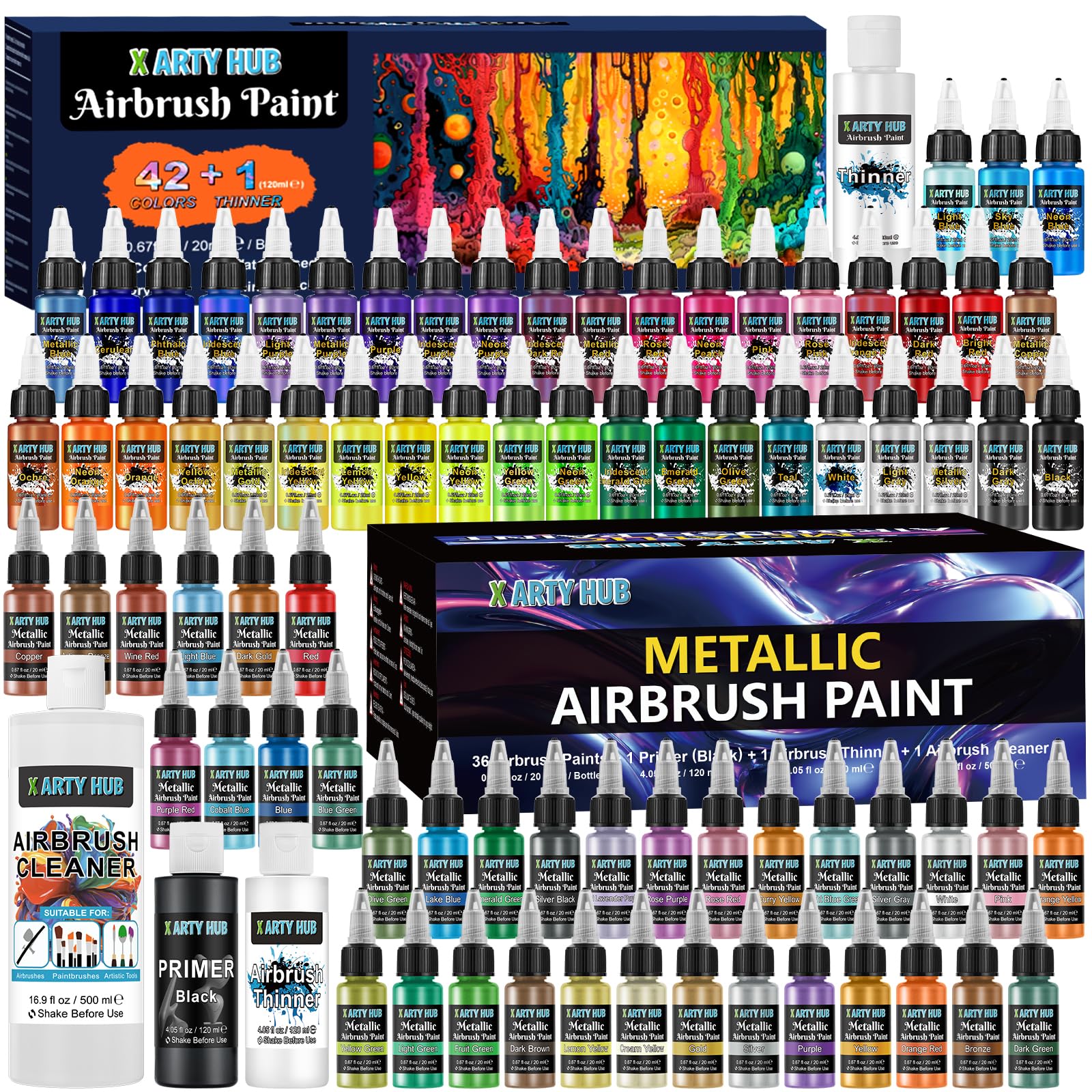 Set Completo di Vernici per Aerografo, Set da 78 Colori (Metallici, Iridescenti, Neon, Classici) con 240 ml di Diluente, 120 ml di Primer Nero e 500 ml di Pulitore per Artisti e Principiant