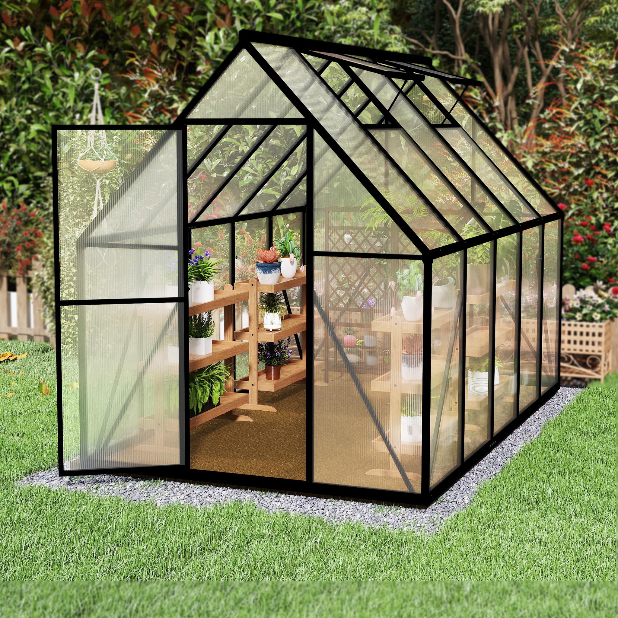 FIVMEN Gewächshaus Aluminium Gartengewächshäuser mit 6 cm Fundament und 4 mm PC Platte Treibhaus Tomatenhaus Gartenhaus UV beständig Wetterfest für den Garten, 280x180x195 cm