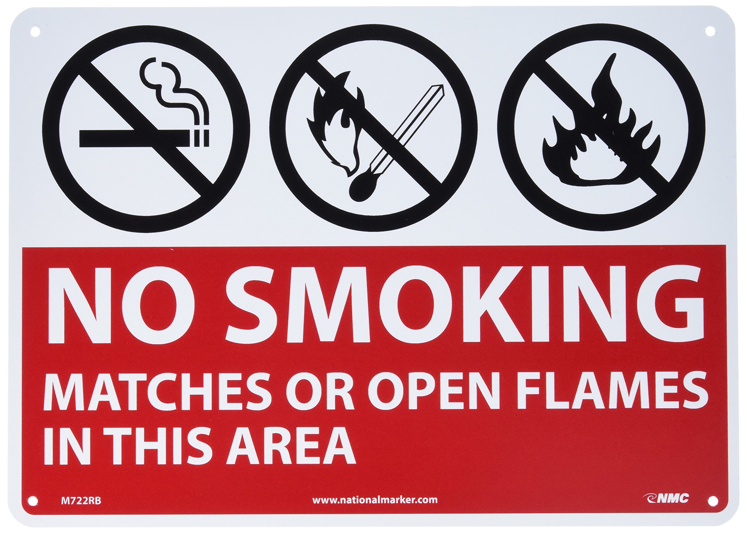 NMC M722RB NO SMOKING - MATCHES OR OPEN FLAMES IN THIS AREA Sign – 10 in. x 7 in. Plastic Safety Sign with Graphic, White Text on Red Base