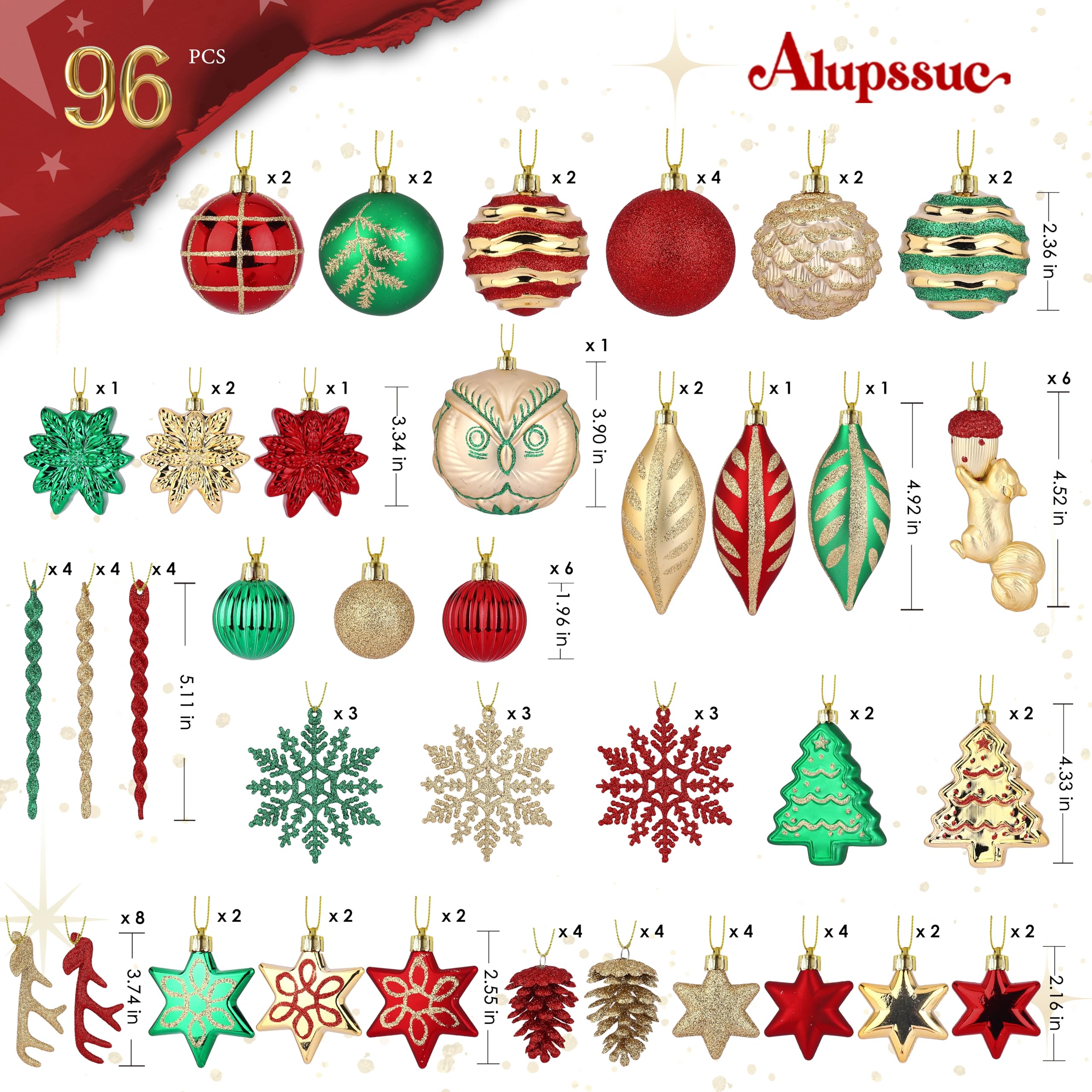 Alupssuc 96pcs Christmas Tree Ornaments Set, Plastic Shatterproof Hanging Baubles for Xmas Tree Decor, Holiday Balls Decorations with a Forest Theme and Animal Designs in Red Green & Gold