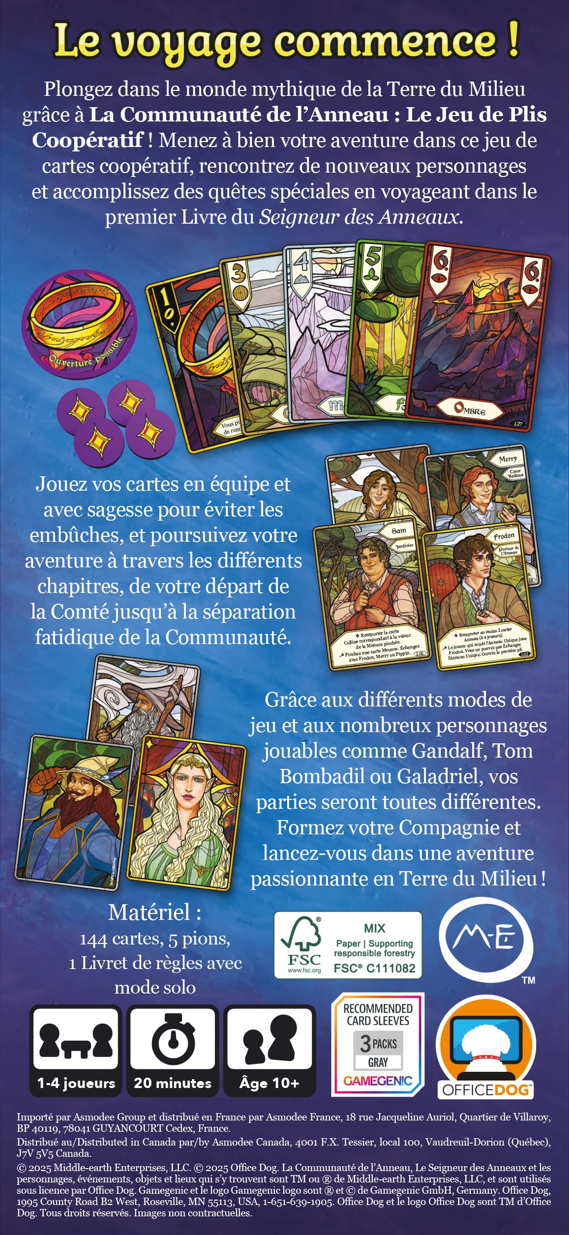 Asmodee - Office Dog - LE SEIGNEUR DES ANNEAUX : LA COMMUNAUTE DE L'ANNEAU JEU DE PLIS - Jeu de cartes coopératif, Jeu de stratégie pour adultes et enfants dès 10 ans, 1 à 4 Joueurs, 20 Min - Français