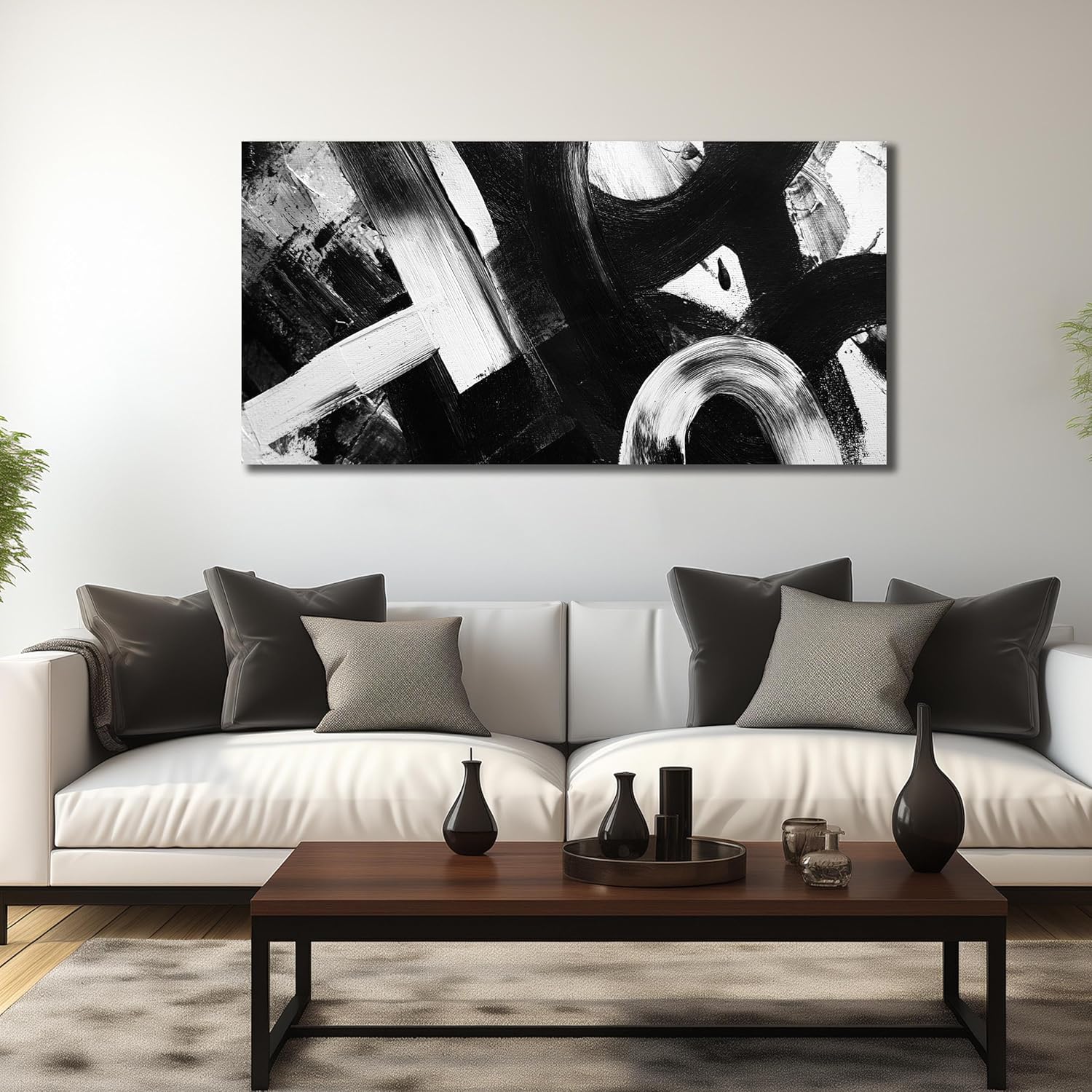 Ouzzlie Abstract Canvas Art White Wall Decorations Black Wall Picture for Living Room Bedroom Office Modern Prints Artwork 24"x 48"