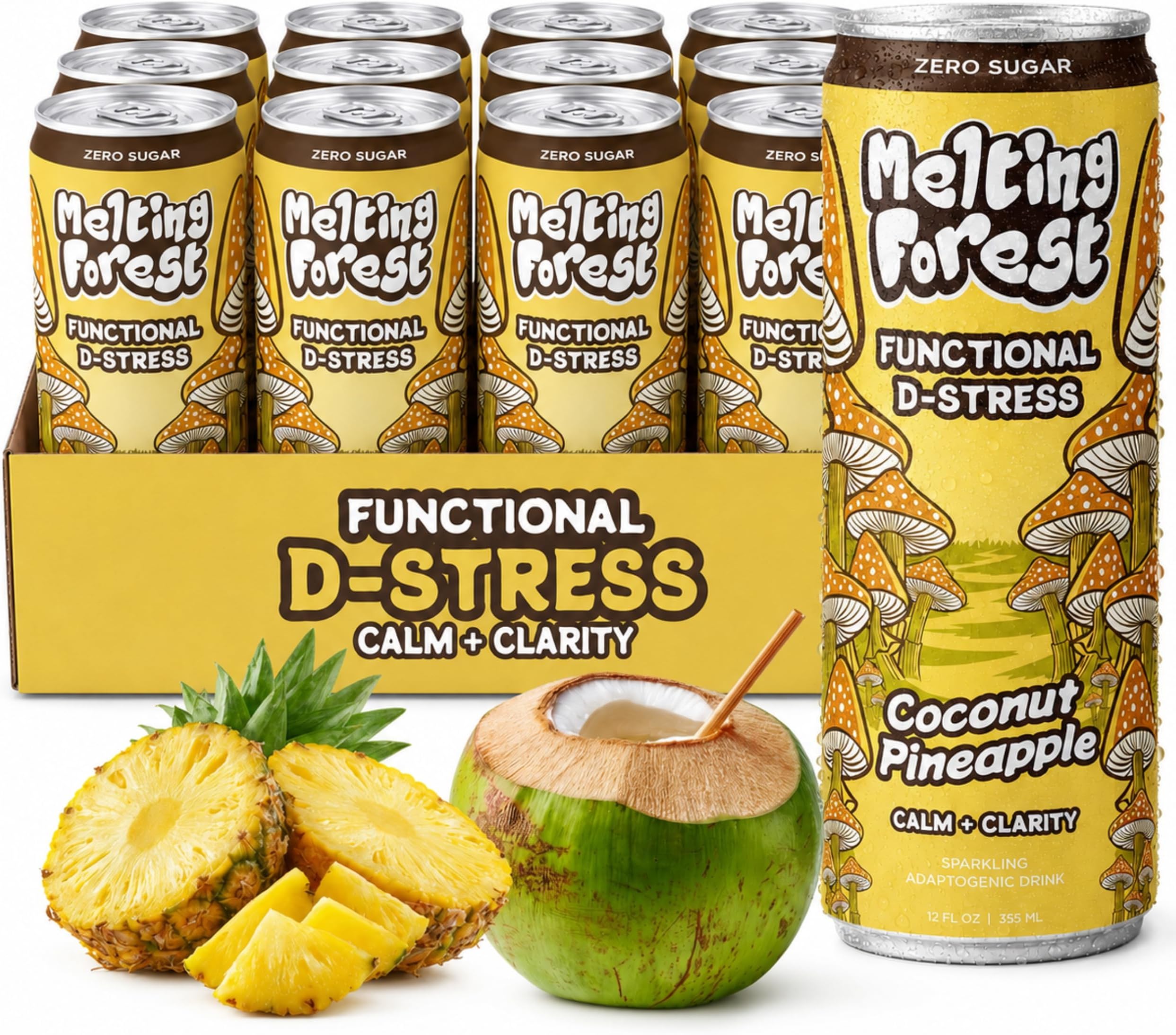 Melting Forest D-Stress Adaptogen Drink - Coconut Pineapple, 12-Pack | Sparkling Drink, Zero Sugar, 5 Calories, Functional Mushrooms, Vitamin B6, Magnesium, Stress Relief, Calm & Clarity