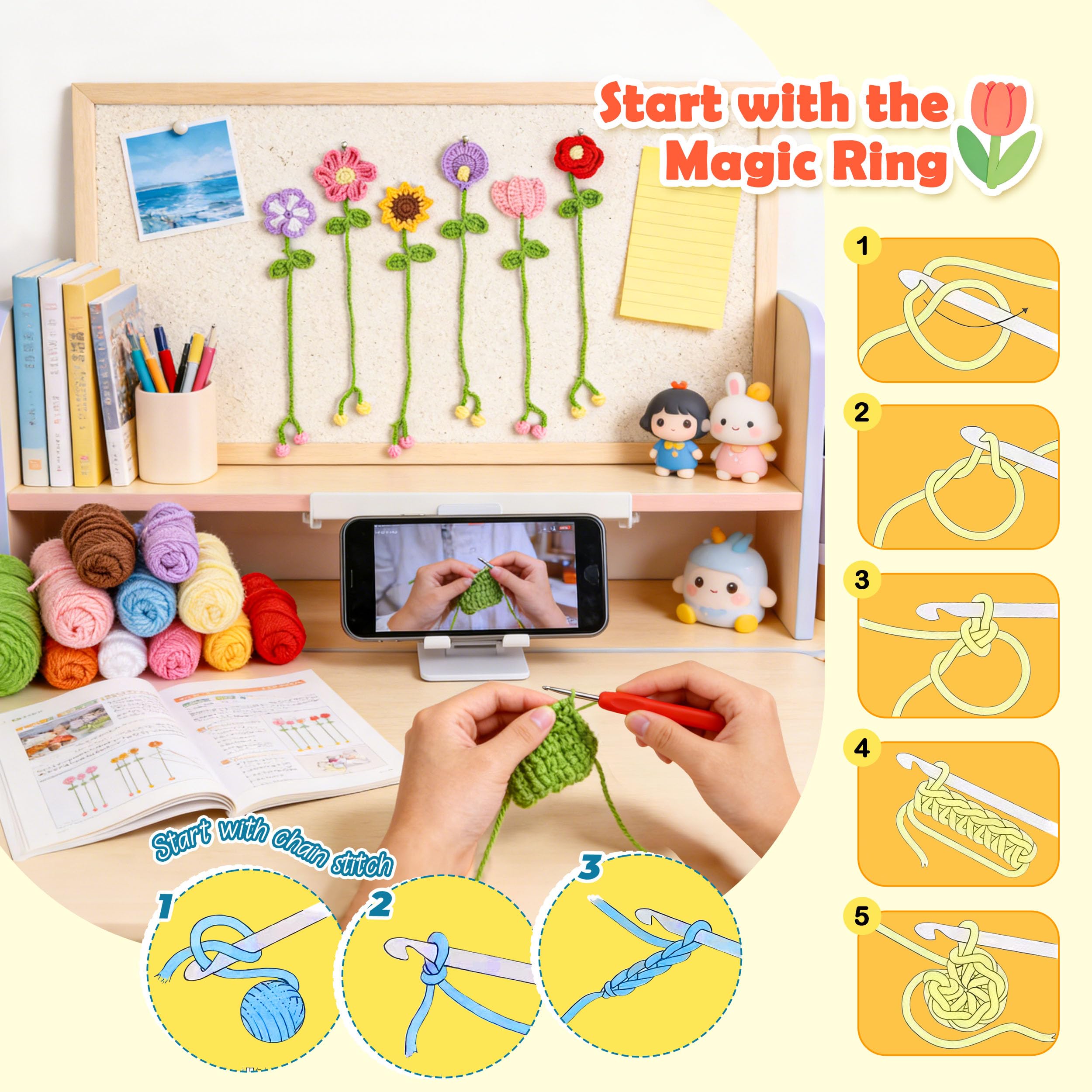 Joyclub Crochet Kit for Beginners 10 Flower Bookmarks Crochet Starter Kits with Step-by-Step Video Tutorials and Instructions DIY Craft Gift for Adults Book Lovers Mother Teacher Student - 5