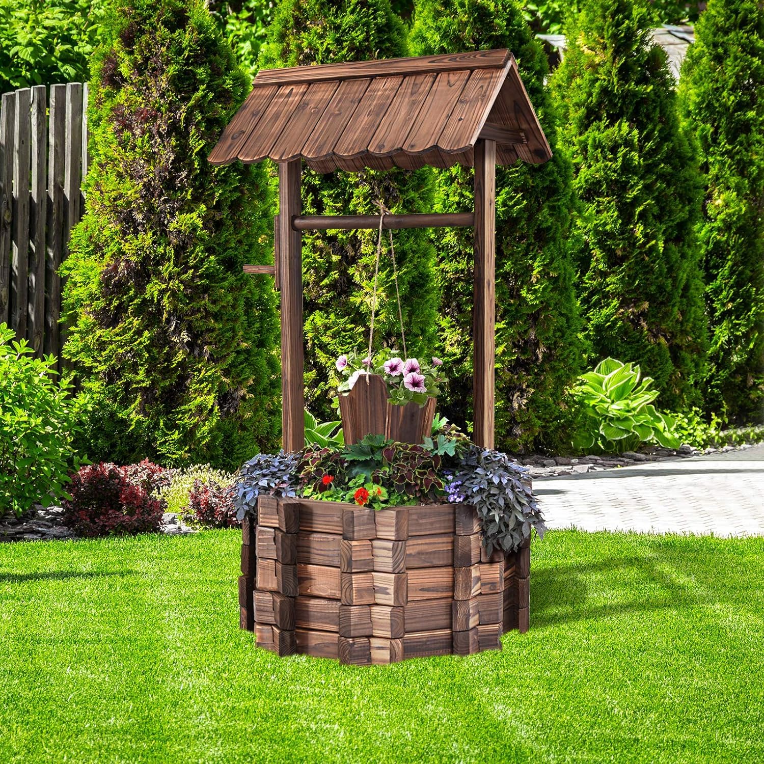 GOPLUS Pozo de Madera Decorativo, Jardinera de Exterior con Techo Clásico, Fuente Decorativa con Cubo Colgante y Amplio Lecho de Plantación