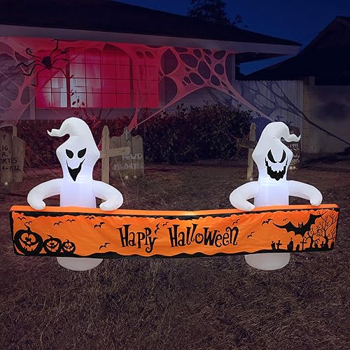 Fantasmas blancos inflables de Halloween de 8 pies de largo con pancarta naranja luces LED decoración de vacaciones al aire libre e interior,