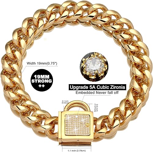 Miniatura 2 de Collar de cadena para perro con hebilla segura con circonitas cúbicas heladas de 18 quilates, cadena de eslabones cubanos de 0.748 in de grosor,