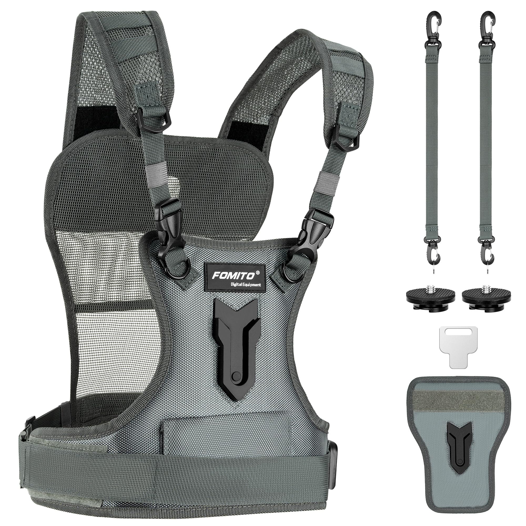 FOMITO Camera Chest Harness System Gilet de transport multi-appareil photo avec étui latéral Gris Compatible avec Canon Nikon Sony Panasonic Olympus DSLR