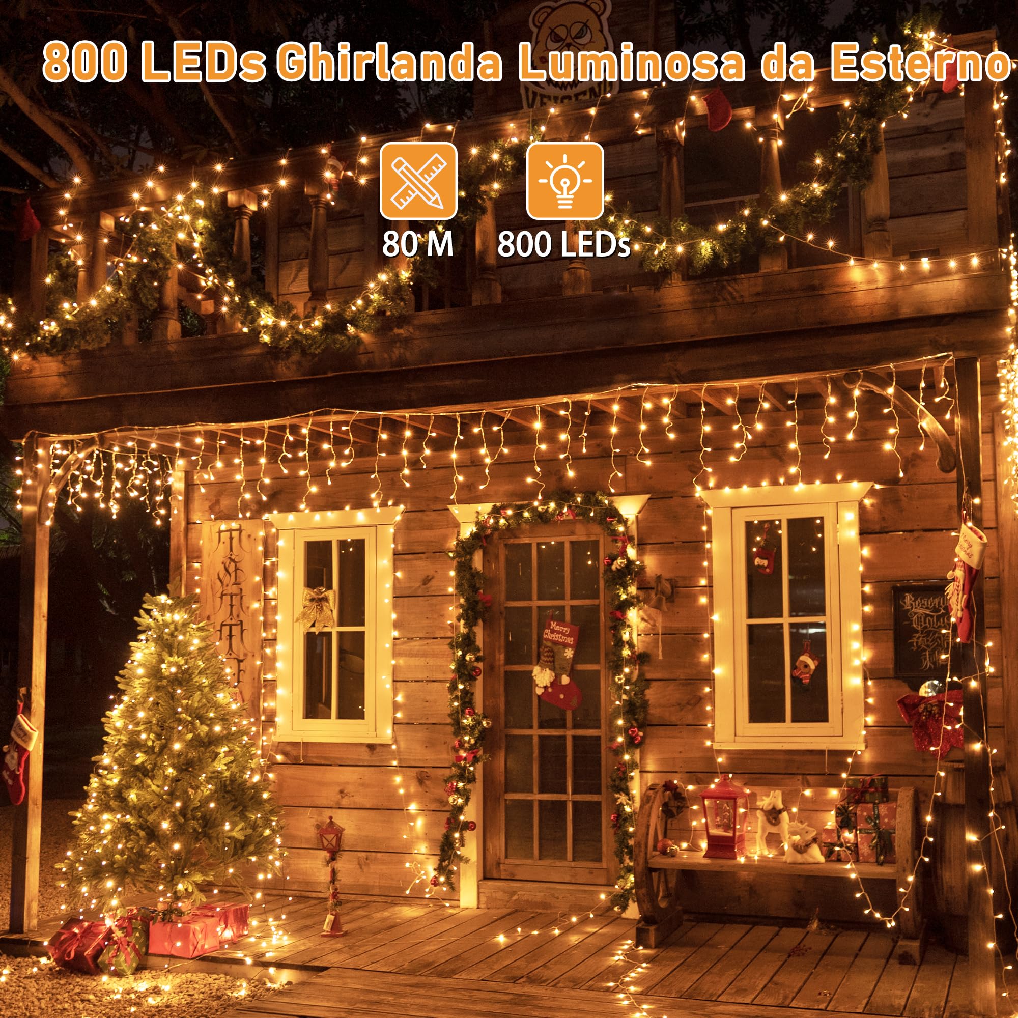 HeiPard Catena Luminosa Esterno Interno 80M, Luci Albero Natale Esterno | 800 LED Bianco Caldo Impermeabile Lucine da Esterno Giardino con 8 Modalità e Memoria per Balcone, Casa, Festa, Nozze