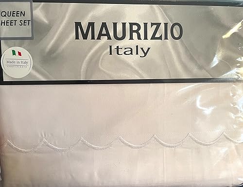 Miniatura 1 de Maurizio Italy - Juego de sábanas de 4 piezas, 100% algodón, color blanco brillante, con ondas bordadas elevadas cerca del dobladillo (blanco,