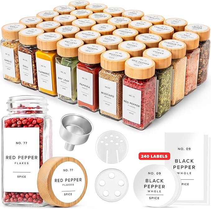 EDELHAUS® Square Spice Jars with Bamboo Wooden Lid (Pack of 24) Spice Jars with Shaker Insert and 240 Labels - Bamboo Lid Glass Container for Spice Organisation [4.3 in × 1.8 in]