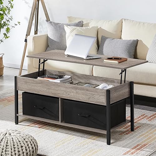 Miniatura 18 de Yaheetech Mesa auxiliar elevable con almacenamiento y 2 cestas de tela, mesa de centro de madera de 41.5 pulgadas para sala de estar y oficina,