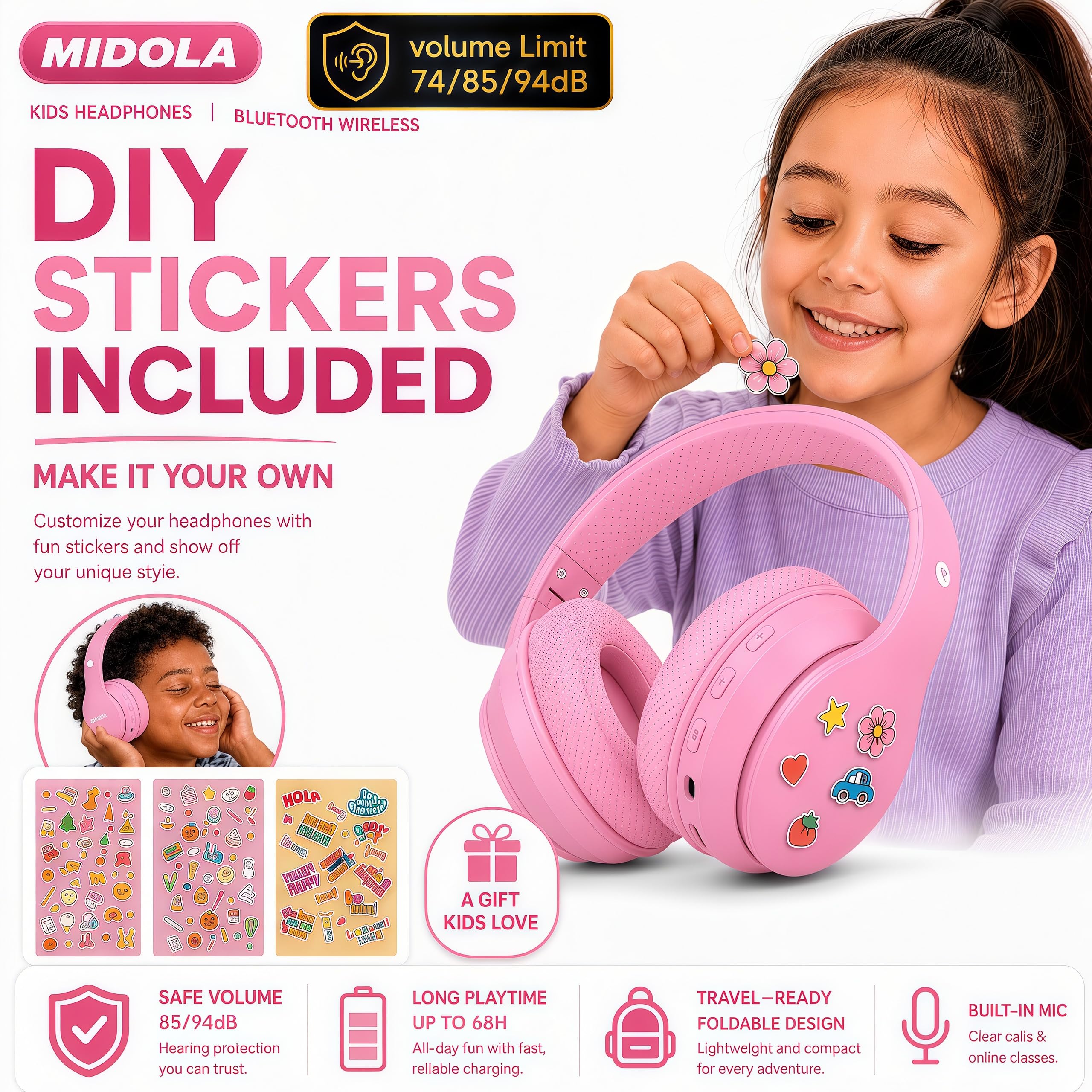 MIDOLA Auriculares Bluetooth inalámbricos para niños, límite de volumen de 85 dB/110 dB, protección contra el ruido, plegables, con cable, cable AUX, micrófono para niños, niñas, viajes, escuela,