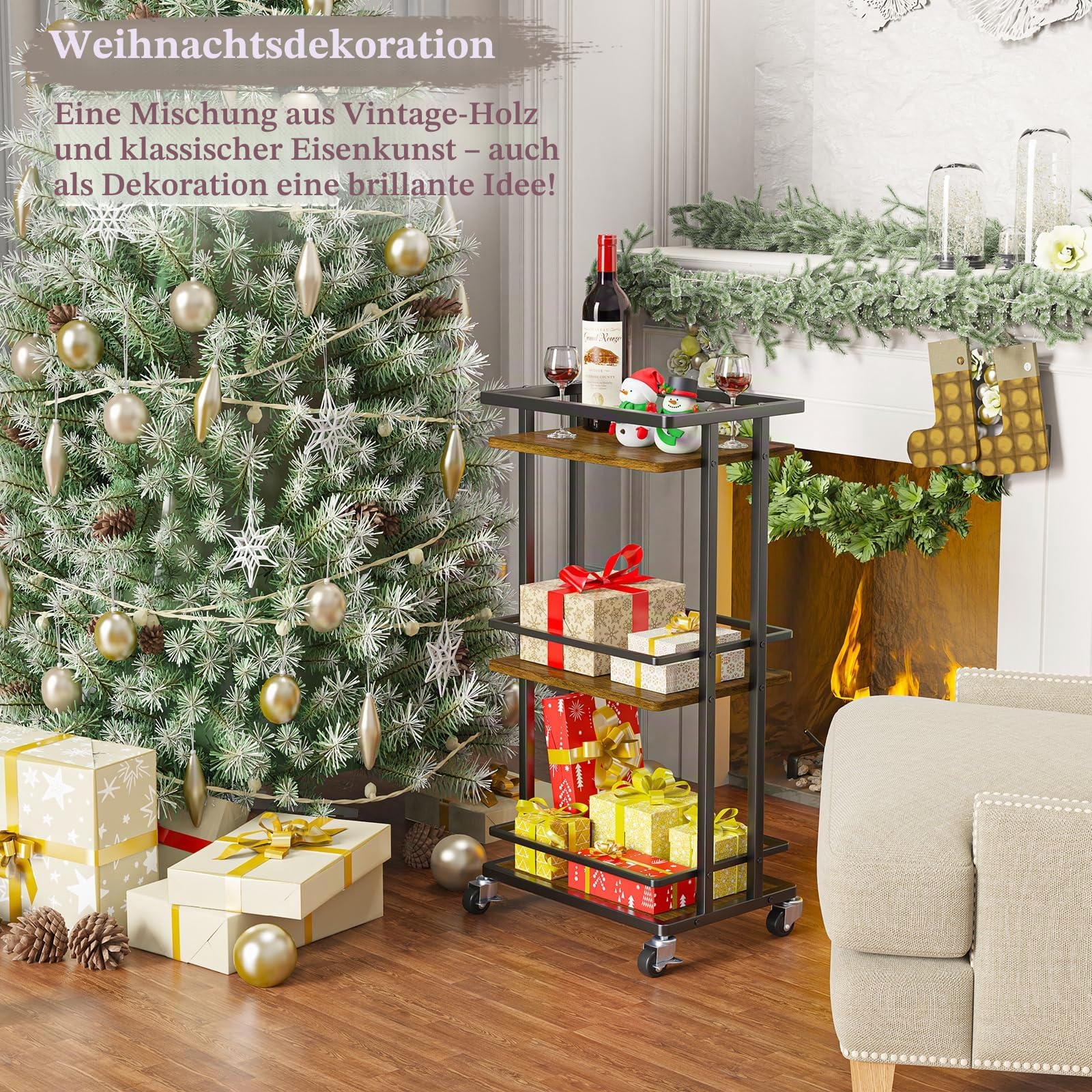 OKZEST 3-stöckiger Rollbar Wagen für Zuhause, Utility Kitchen Aufbewahrung Servierwagen mit Rädern, abschließbarer Mini-Kaffee-Barwagen für Party, Wein, Cocktail, Wohnzimmer, rustikales Braun