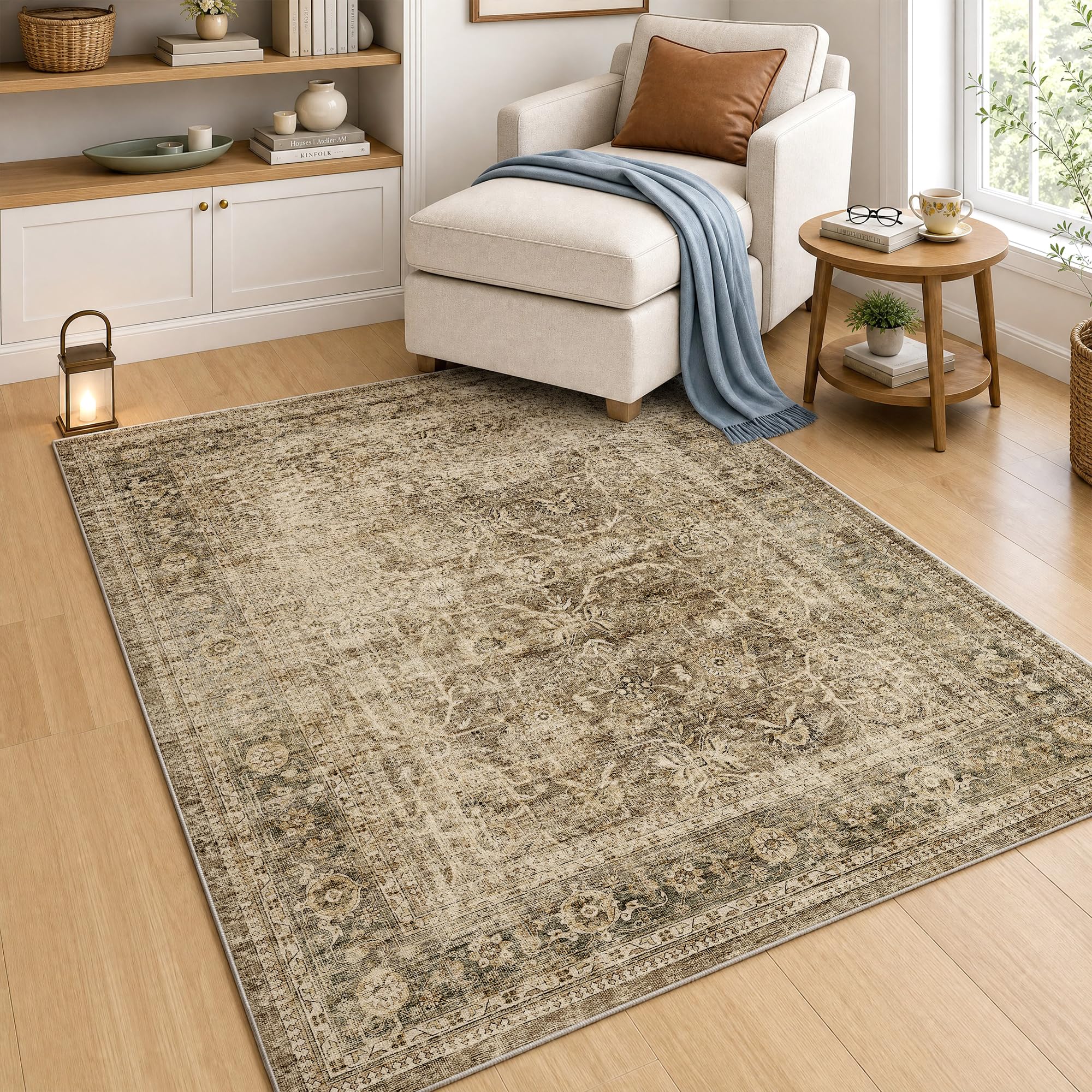 FMFUNCTEX 4x5 Washable Brown Neutral Vintage Retro Area Rug for Entryway