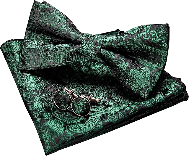 JEMYGINS Solid Color Paisley Bow Tie and Pocket Square with Cufflinks Sets for Men