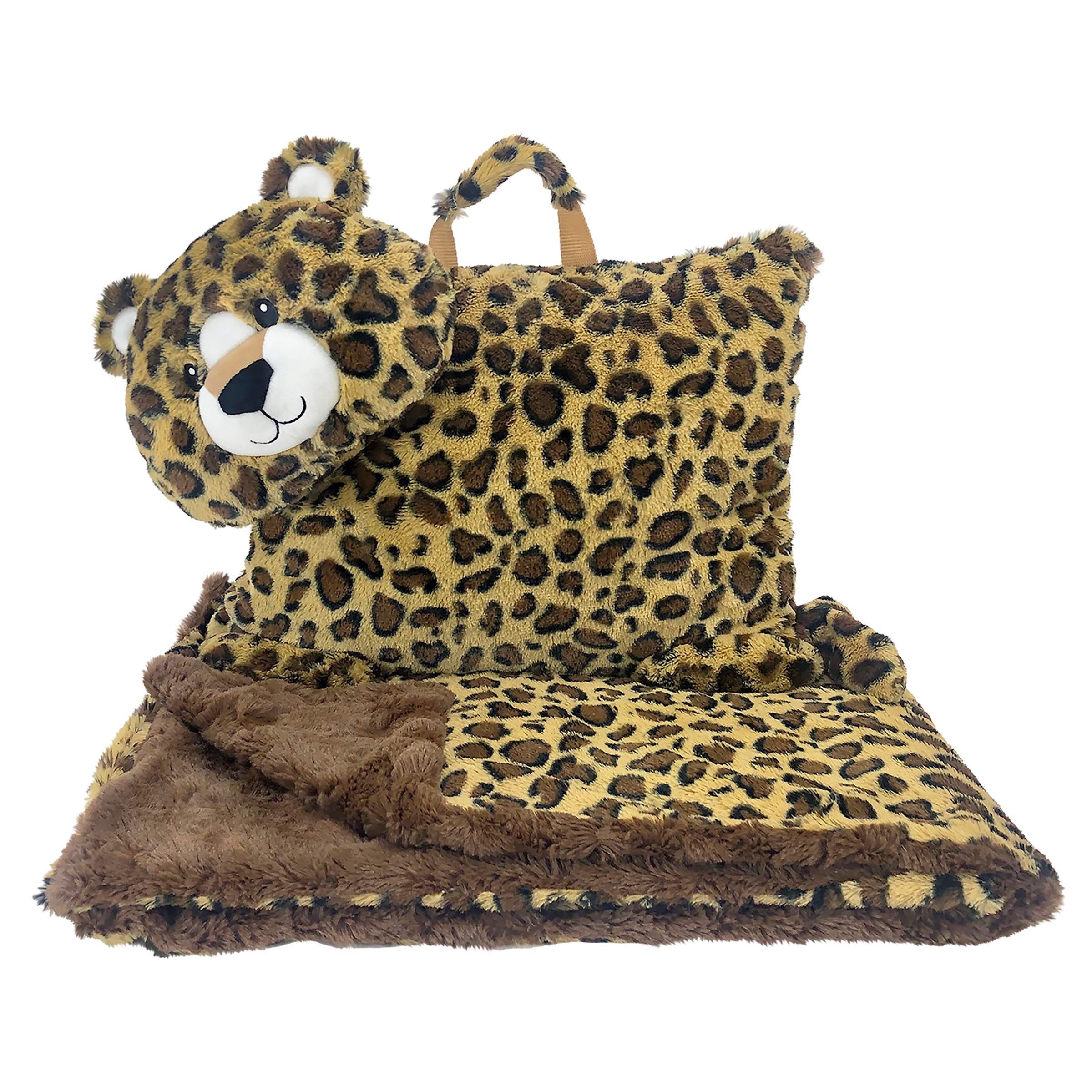 Animal Adventure | Wild for Style| Character Cuddle Combos | 2-in-1 Stow-n-Throw Cuddle Bud with Carrying Handle & Zipper Pouch for Blanket Storage Set ­– 30" W x 39" H Blanket – Leopard