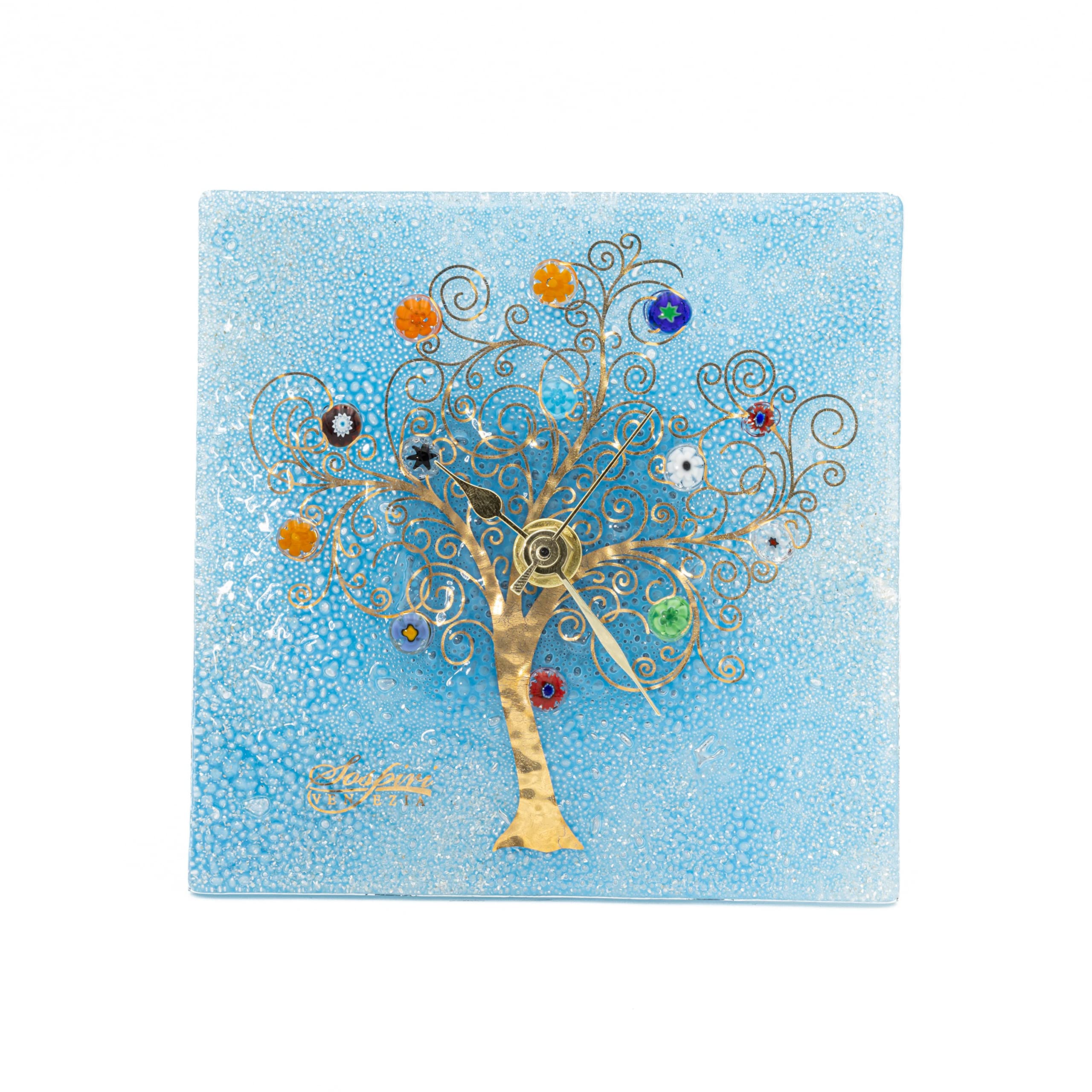 Sospiri Venezia Table Clock Murano Glass Silent Mechanism Decorated with Murrines and Gold Leaf Gift Handmade Made in Italy (14x14)