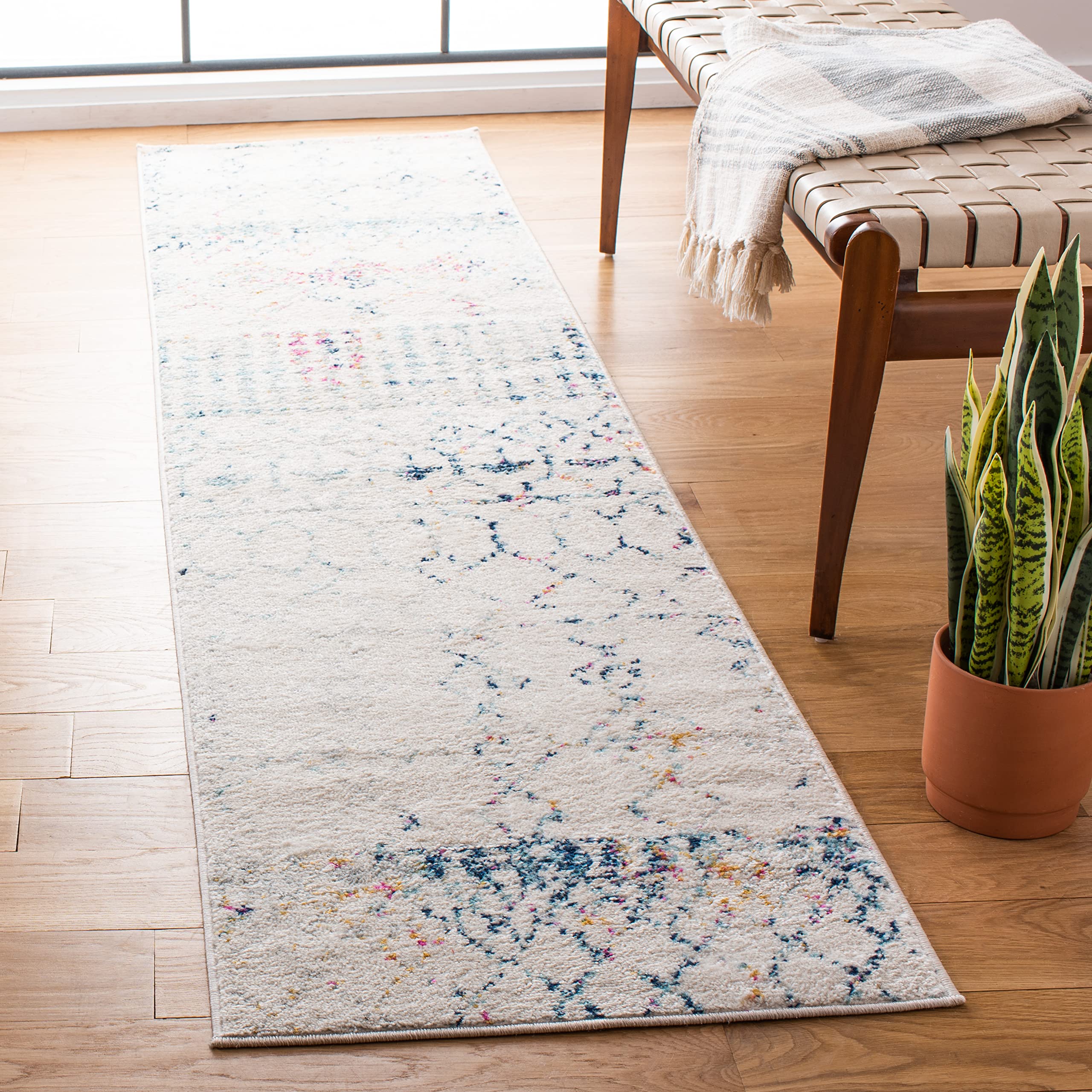 SAFAVIEH Tulum Collection Runner Rug - 2' x 13', Ivory & Blue, Moroccan Boho Distressed Design, Non-Shedding & Easy to Clean, Ideal for Living Room,