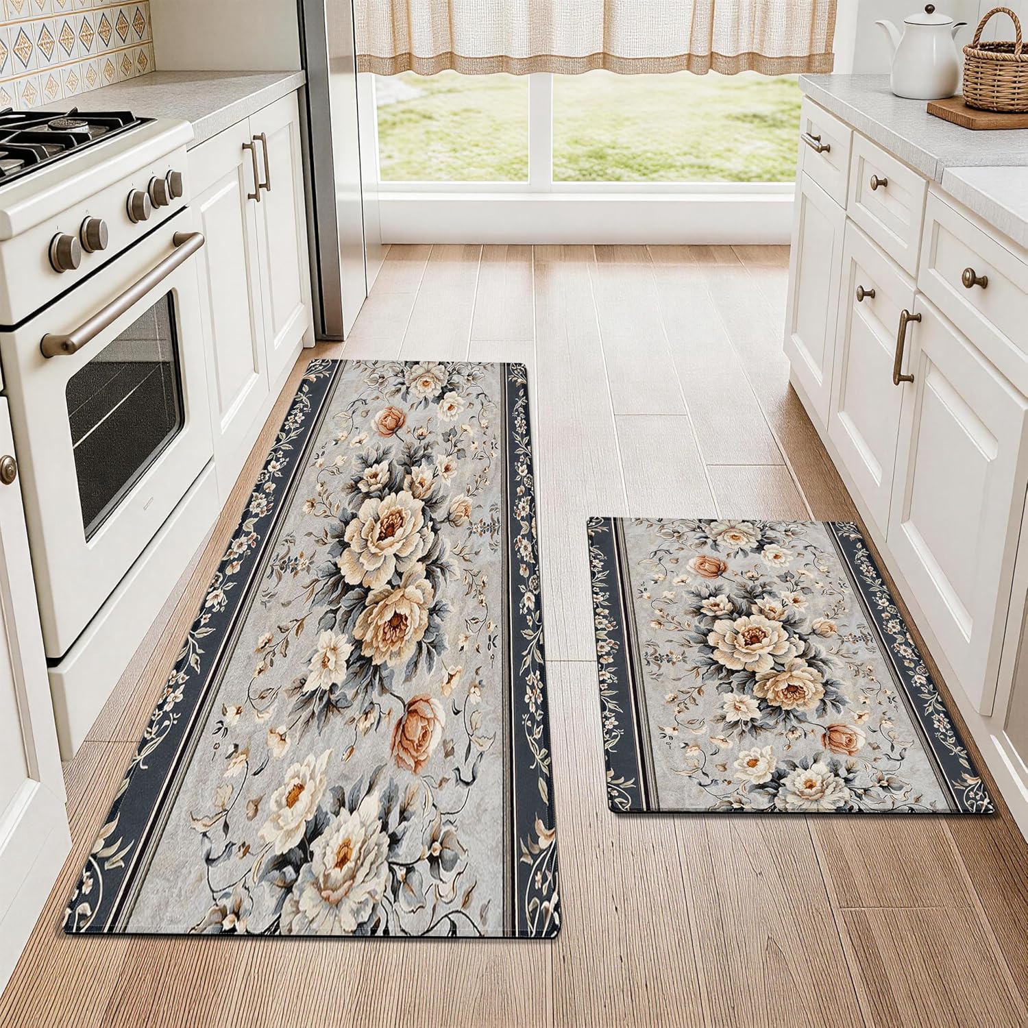 Kitchen Mats, 2PCS Kitchen Rugs, Non-Slip Washable Stylish Runner Mat for Kitchen, Hallway, Entryway - Ideal for Families and Homeowners, Anti-Fatigue Floor Decor (Grey Rose)