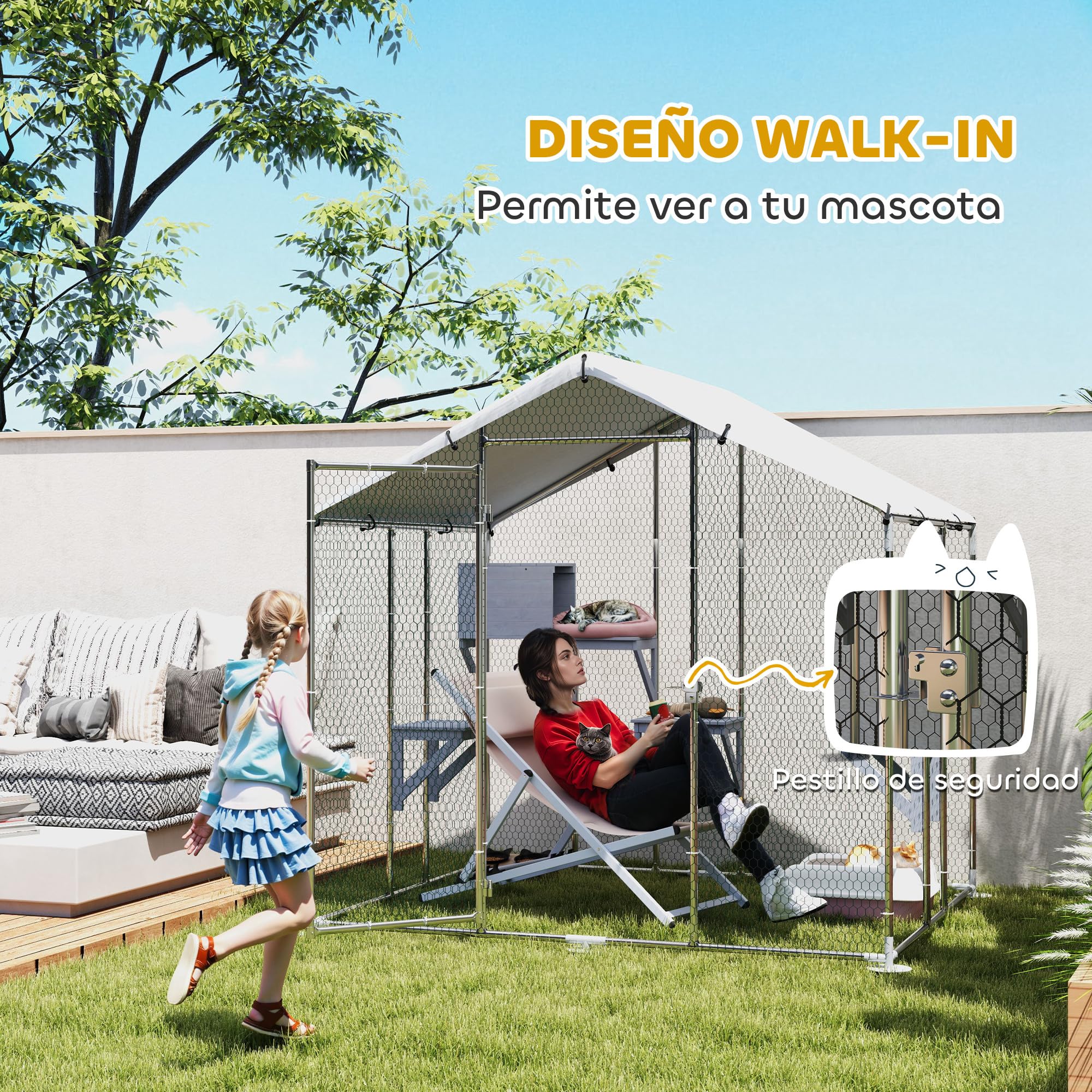 PawHut Jaula Grande para Gatos Exterior, Recinto para Gatos con 1 Casita, 3 Plataformas para Saltar, Cubierta Impermeable y Anti-UV, Parque para 5 Gatitos, Conejos, 200x170x195 cm, Plata