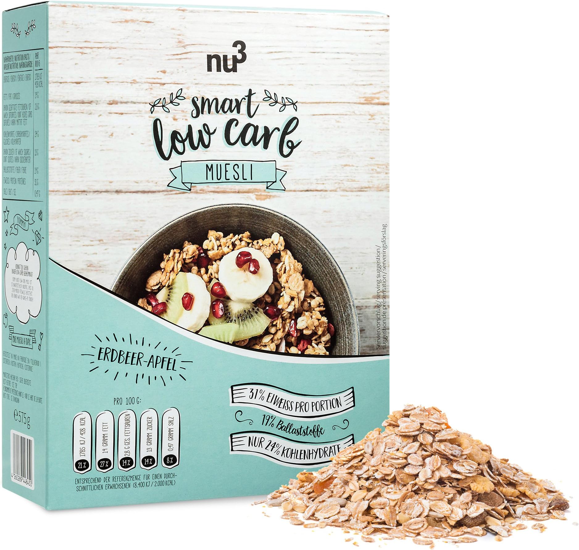nu3 Smart Low Carb Muesli – Strawberry/Apple Flavour - 575 g - Delicious Crunchy & high Protein Chocolate Porridge - Less Carbs and Sugar as Normal Cereal - 19% of Fibre and 426 kcal per Portion