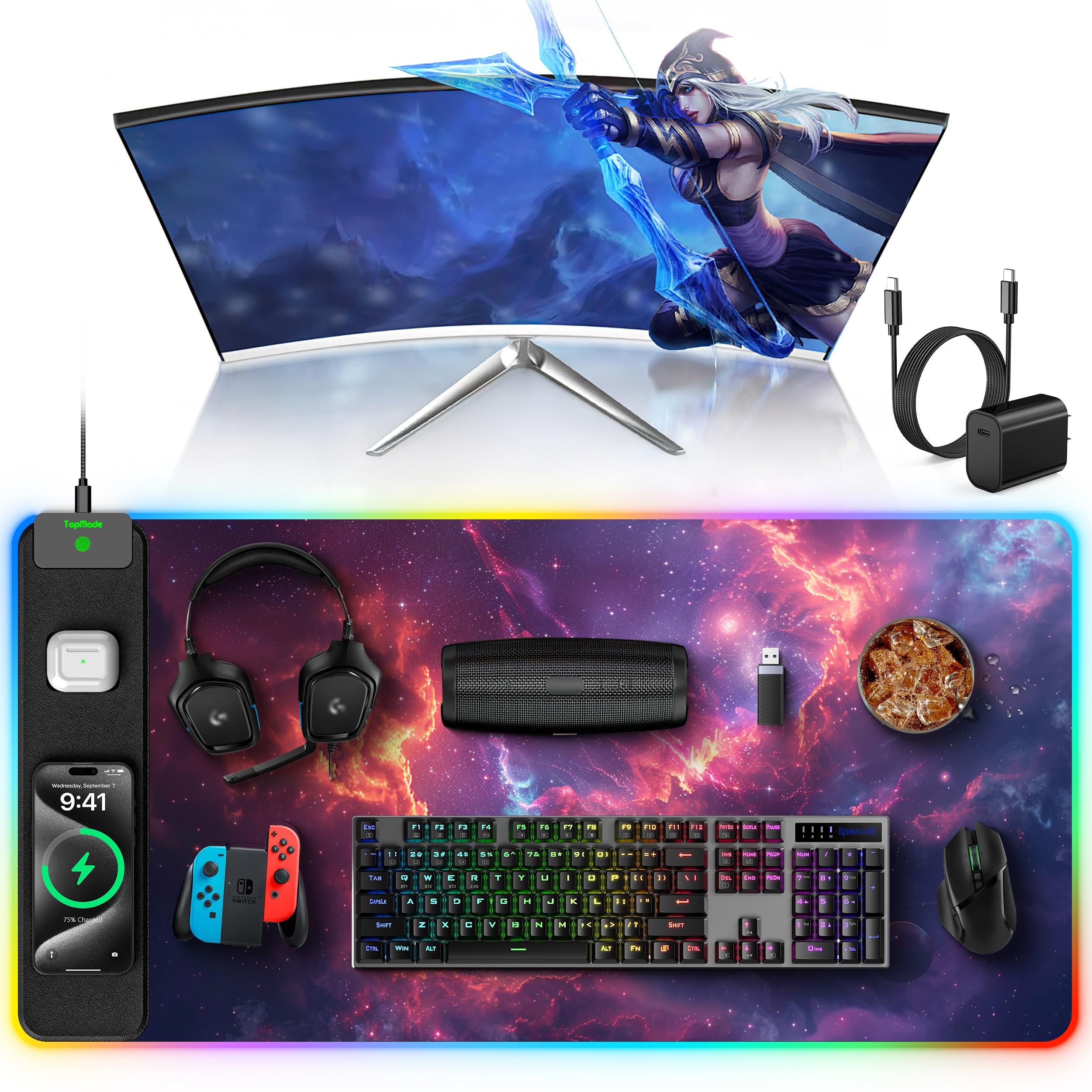 TopMade Wireless Charging Mouse Pad, RGB Gaming Mousepad Home Office Desk Pad, 31.5” x 15.8” Large Desk Mat, Waterproof Keyboard Pad, Galaxy Nebula (Includes 20W PD Power Adapter & 6.56ft Woven Cable)