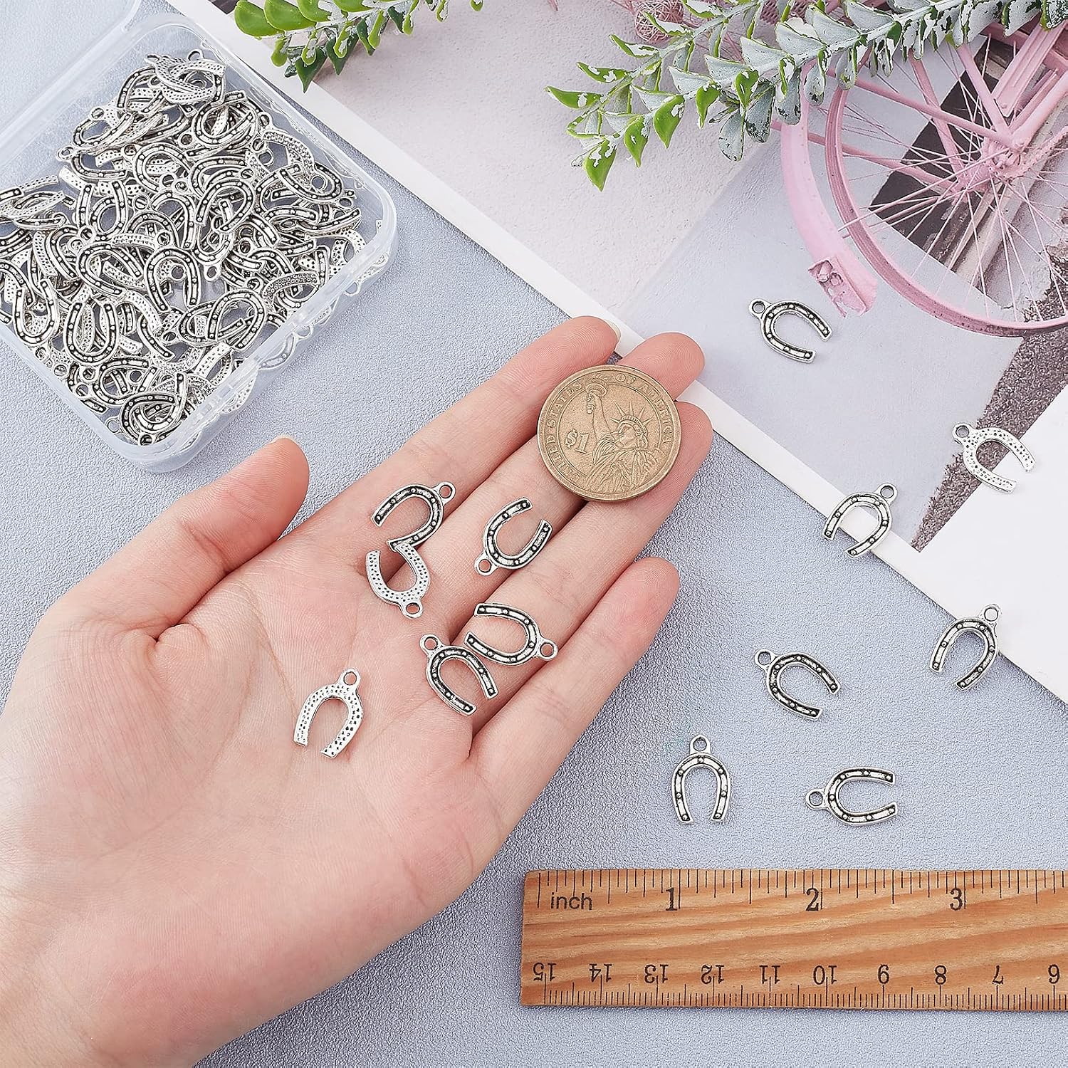 SUNNYCLUE 1 Box 100Pcs Horseshoe Charms Horse Shoe Charm Bulk Tibetan Alloy Western Cowboy Love U Wedding Lucky Charm for Jewelry Making Charms Necklace Bracelet Earring Craft Women Beginners Adults image 3