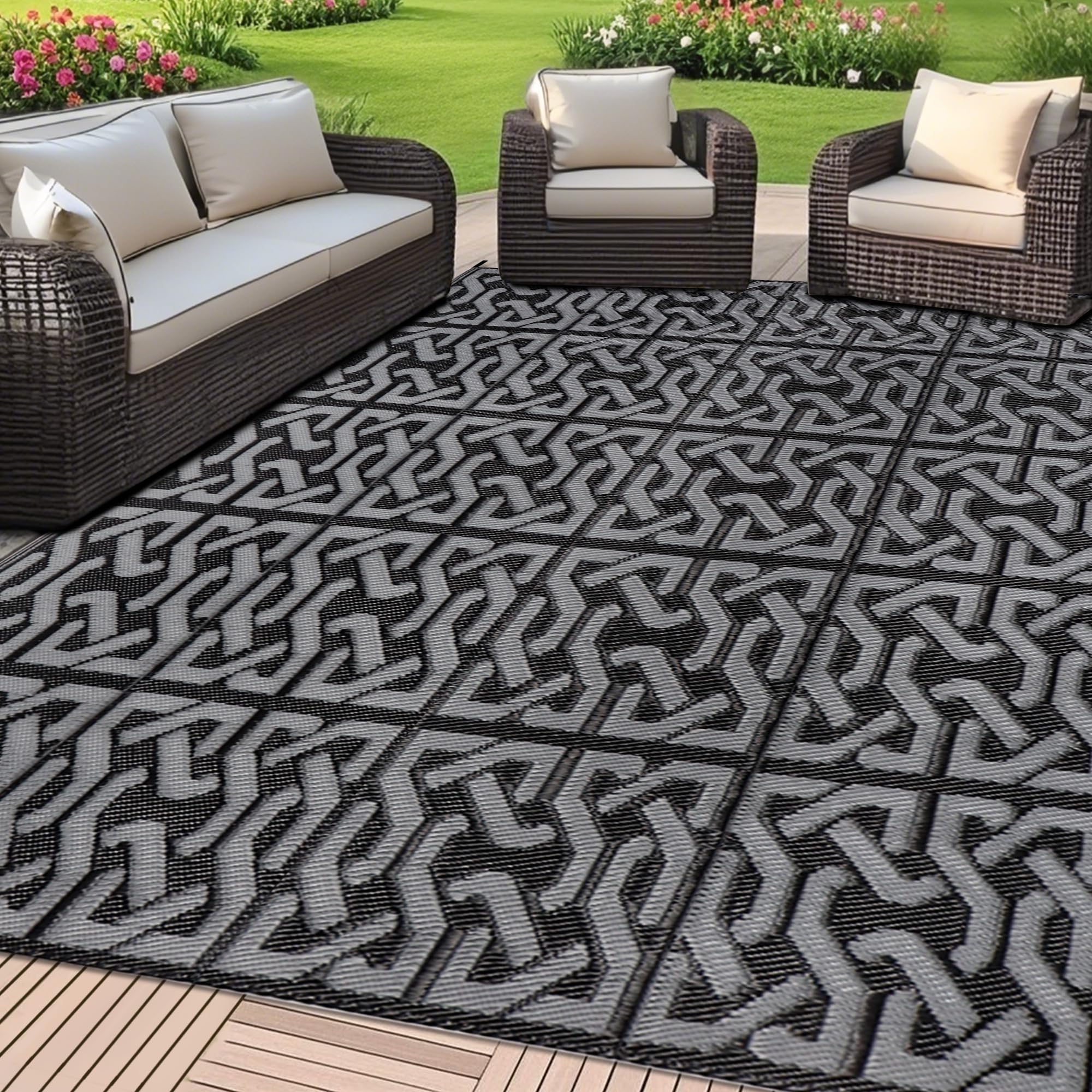 SAND MINE Reversible Mats, Plastic Straw Rug, Modern Area Rug, Large Floor Mat and Rug for Outdoors, RV, Patio, Backyard, Deck, Picnic, Beach, Trailer, Camping (9' x 12', Black & Grey)