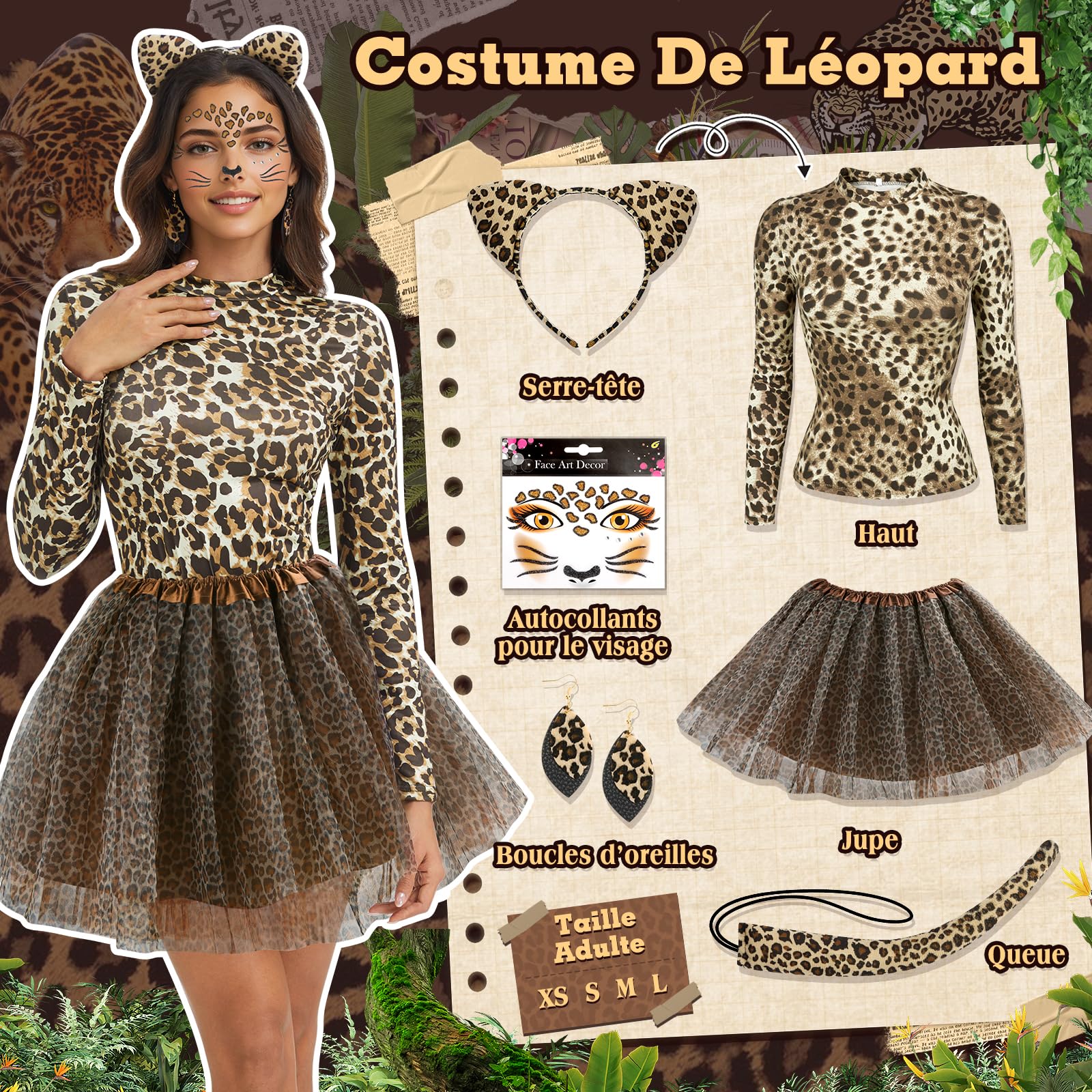 Charmofun Costume de Léopard pour Femme, Déguisement Leopard Femme avec Serre-tête Léopard, Boucles D'oreilles, Queue et Tatouage du Visage, Deguisement Animaux pour Carnaval Halloween Fête (XS)