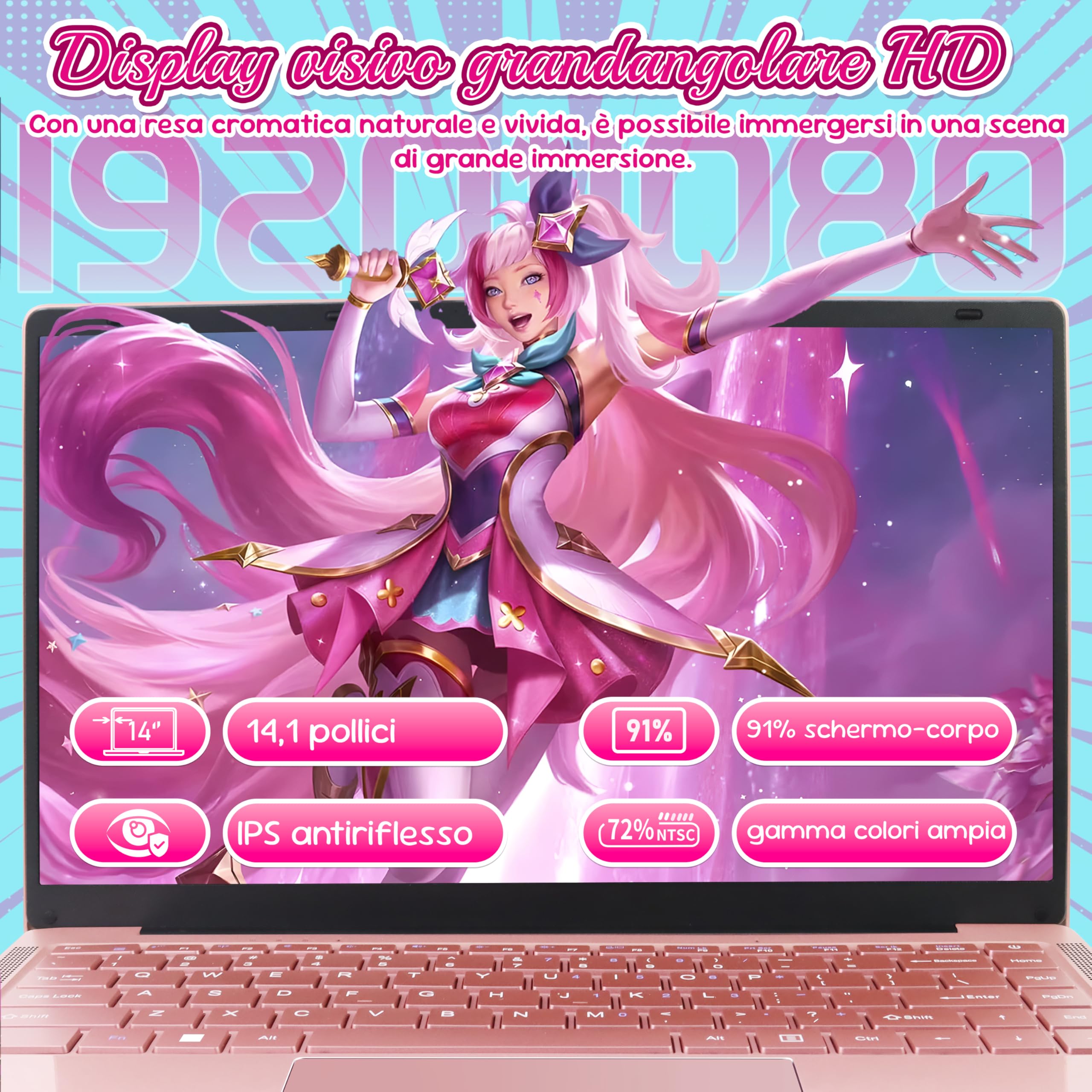 Amita PC Portatile 14 Pollici,8GB DDR4 512GB SSD,Processore Celeron,Schermo IPS FHD 1920x1080,Wi-Fi Dual-Band,USB 3.0,Custodia Tastiera(Tastiera ITA) e Mouse Inclusi - Rosa Oro (8GB RAM+512GB SSD)