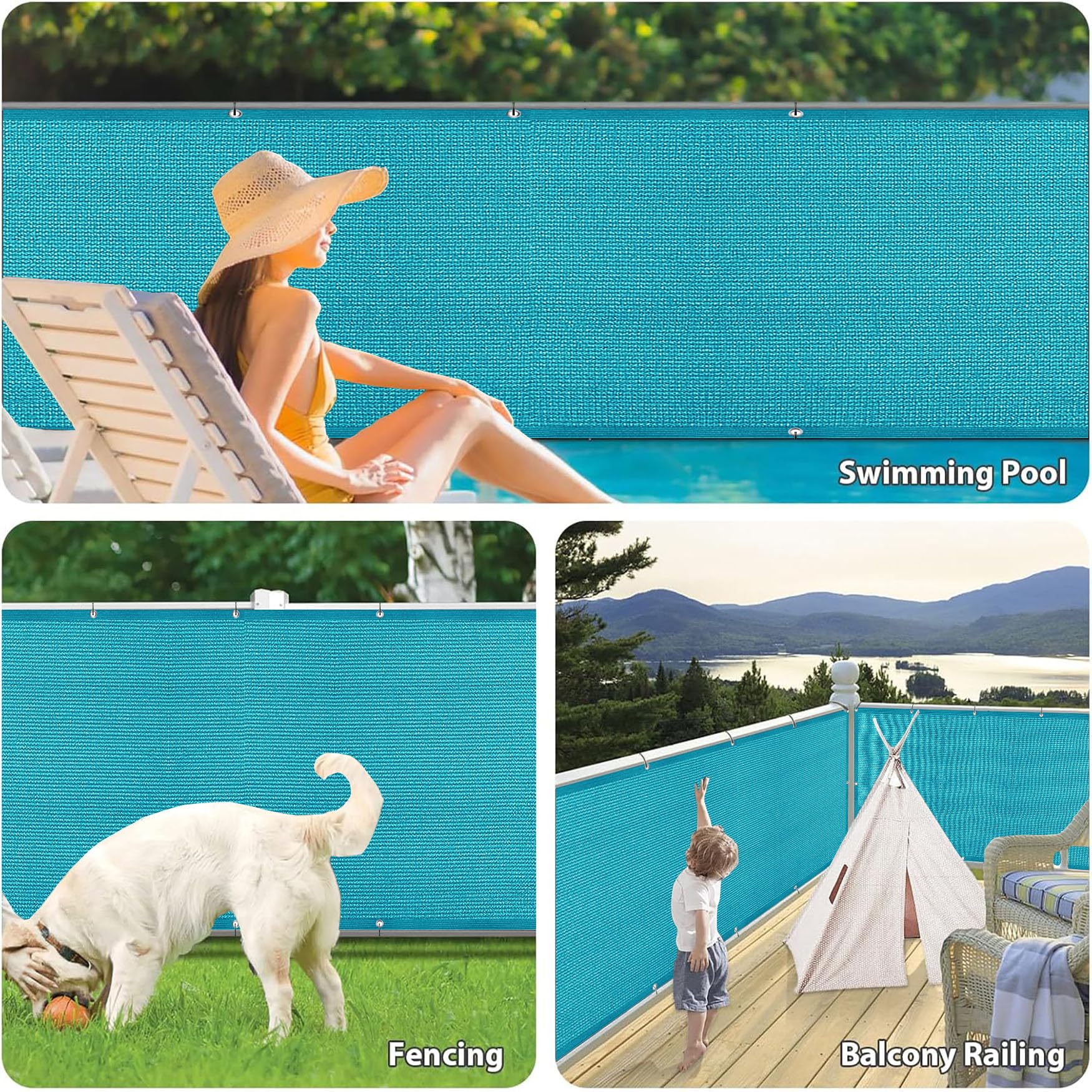 Osłona Ogrodowa 95 x 340 cm Oddychająca Przeciwwiatrowa I Przeciwkurzowa Osłony Balkonowe Na Poręcze Z Opaskami Kablowymi I Liną Na Taras, Podwórko, Balkon, Niebieski
