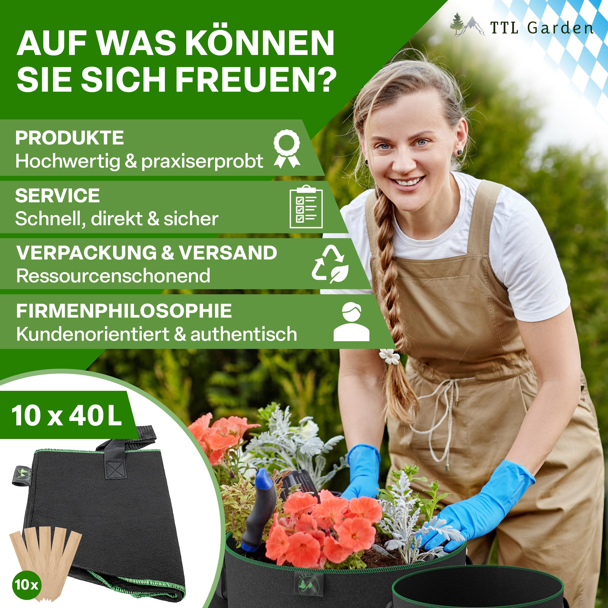 TTL GARDEN 10x 40L Bolsa para Plantas de Tela no Tejida - Juego de 10 Bolsas de 40 litros de 300 g/m² de Fieltro y Tela no Tejida - Maceta para Plantas, Bolsa de Cultivo para balcón, terraza