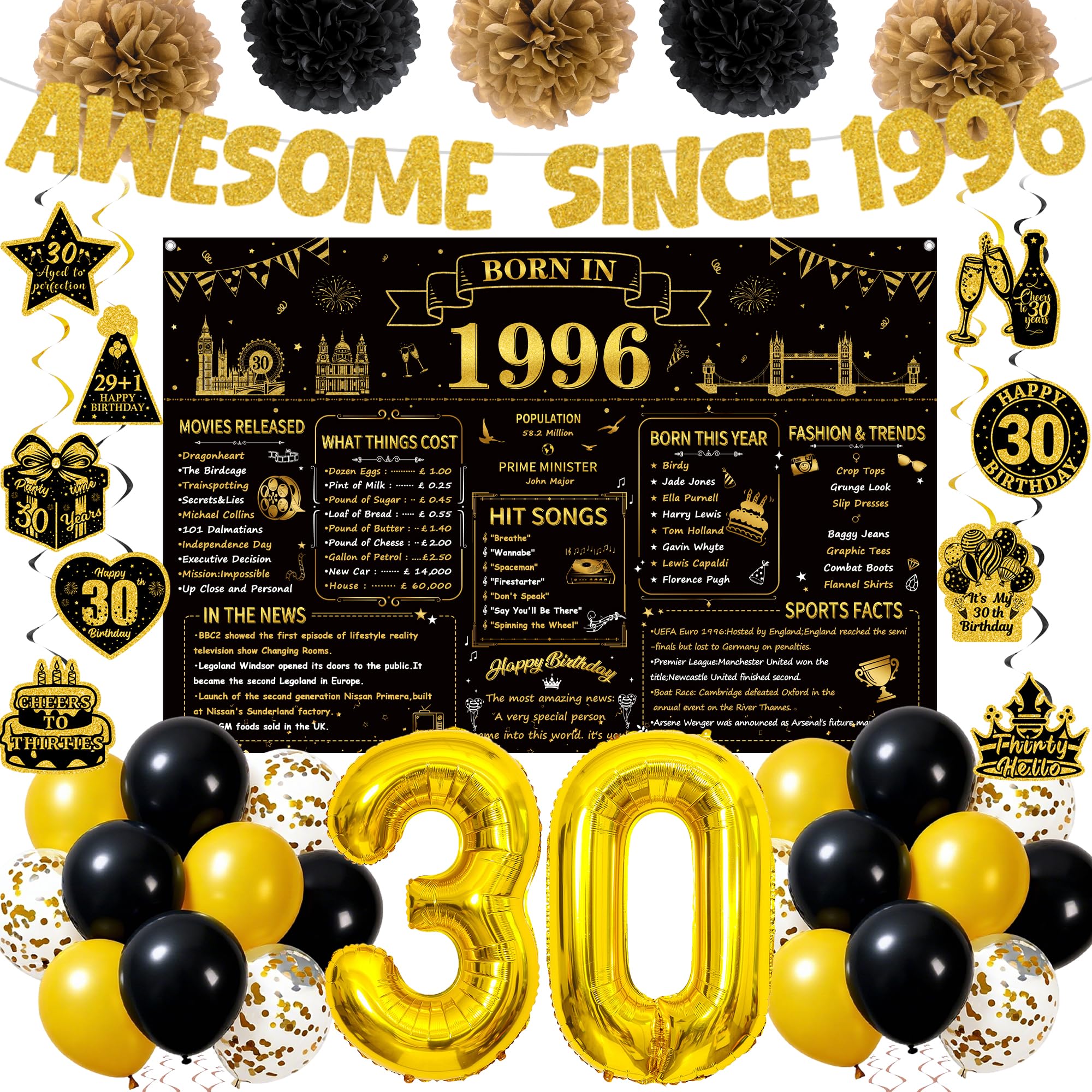 30th Birthday Decorations Men Women - Awesome Since 1996 Banner Backdrop Number 30 Balloons, Paper Pom Poms and Hanging Swirls for 30 Year Old Birthday Party Supplies