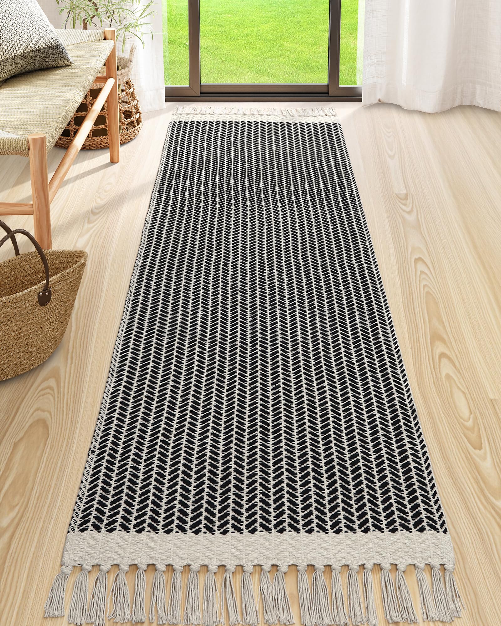 Lahome Boho Kitchen Runner, 2'6''x8 Runners for Hallways Lightweight Bath Mat Woven Washable Runner Rug with Tassels, Farmhouse Non Shedding Black Rug