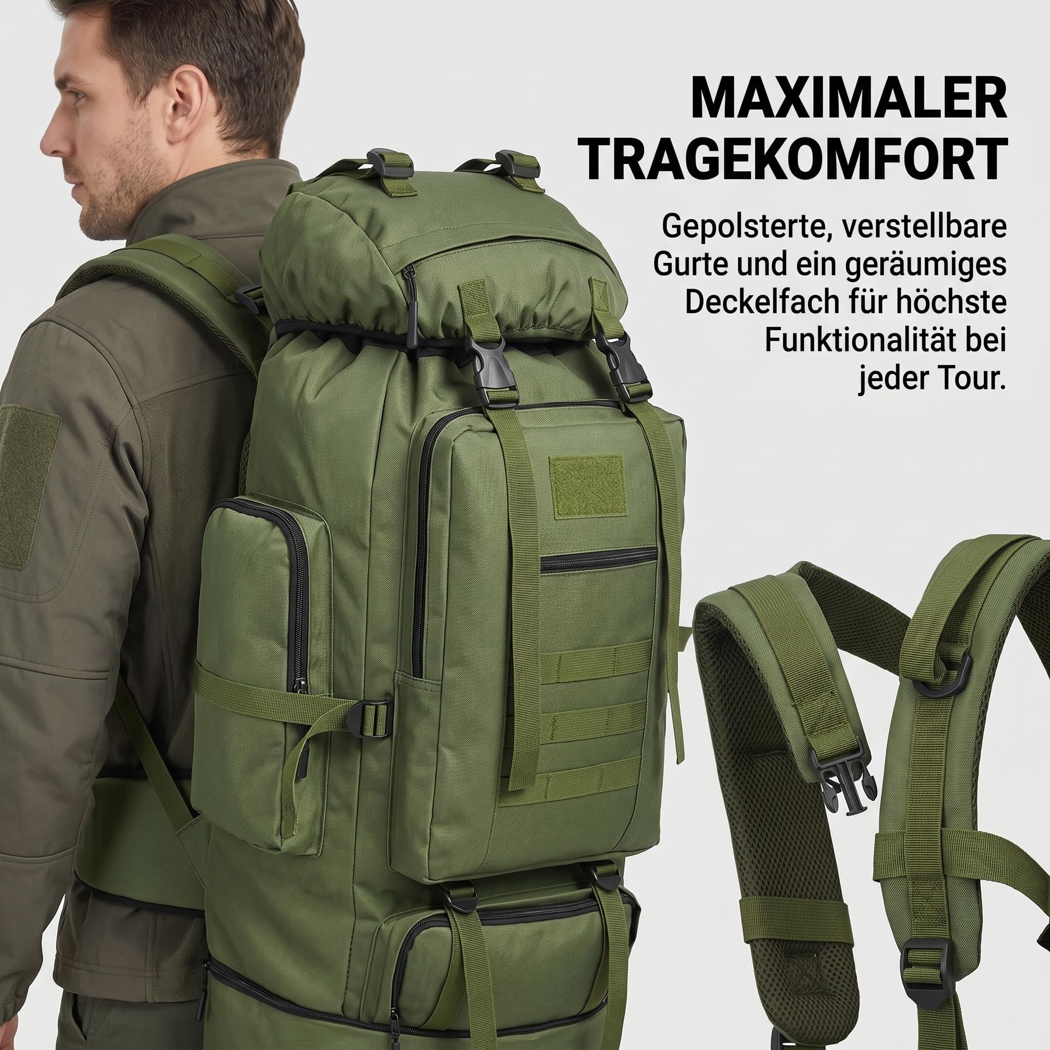 100 L Trekkingrucksack & Wanderrucksack – Großer Outdoor Rucksack für Camping, Reisen & Abenteuer, Ergonomisch, Wasserabweisend, Robust – Schwarz & Army Grün
