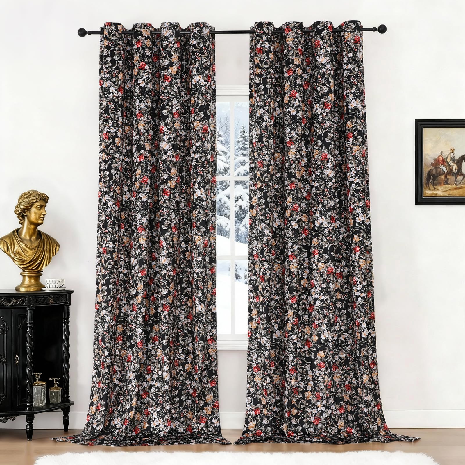 VEHEDE Black Velvet Curtains 96 Inch Length 2 Panels, Noise Reducing Drapes for Living Room, Thermal Insulated Energy Efficient Floral Pattern Blackout Curtains Bronze Eyelet for Bedroom, W52 x L96