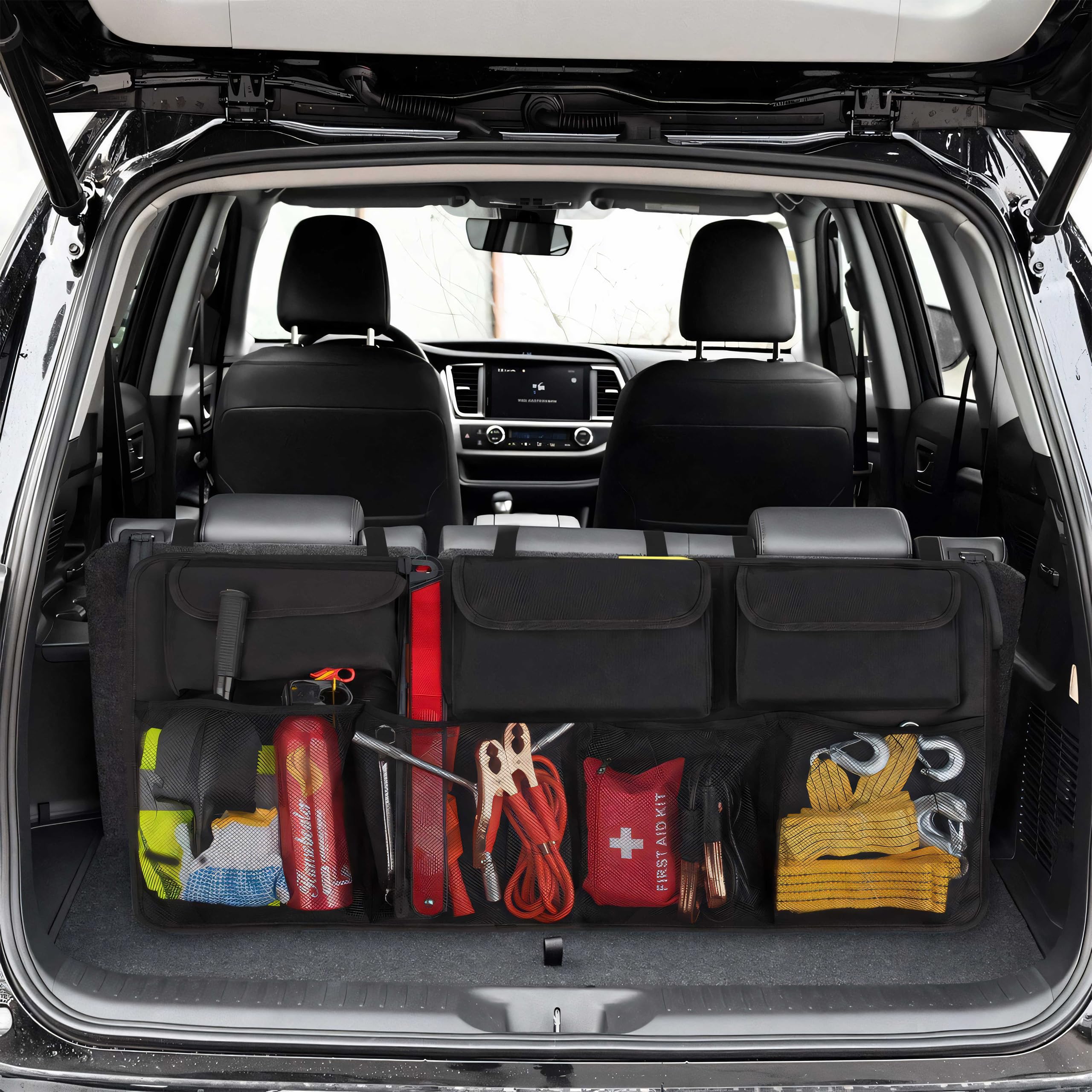 Retoo Organizator bagażnika samochodu, organizer fotela samochodowego, torba przechowywania, 89,5 x 35 cm, wiszący organizer tylne siedzenie, torba bagażnika z dzielonymi modułami, do SUV