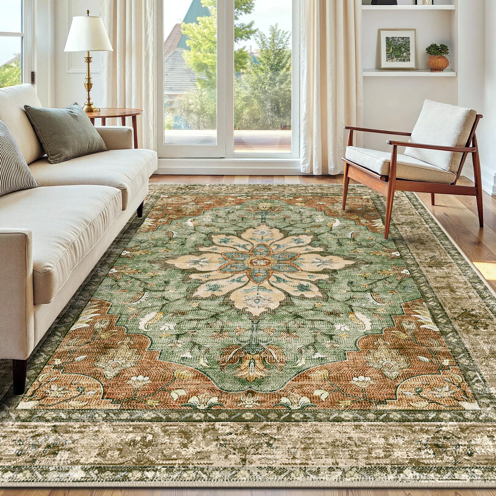 INOVADAY Vintage Waschbarer Teppich Wohnzimmer 150x210 cm Boho Kurzflor rutschfest Teppich Weich Teppiche mit Druckmuster für Schlafzimmer, Esszimmer, Ziegel/Braun/Grün