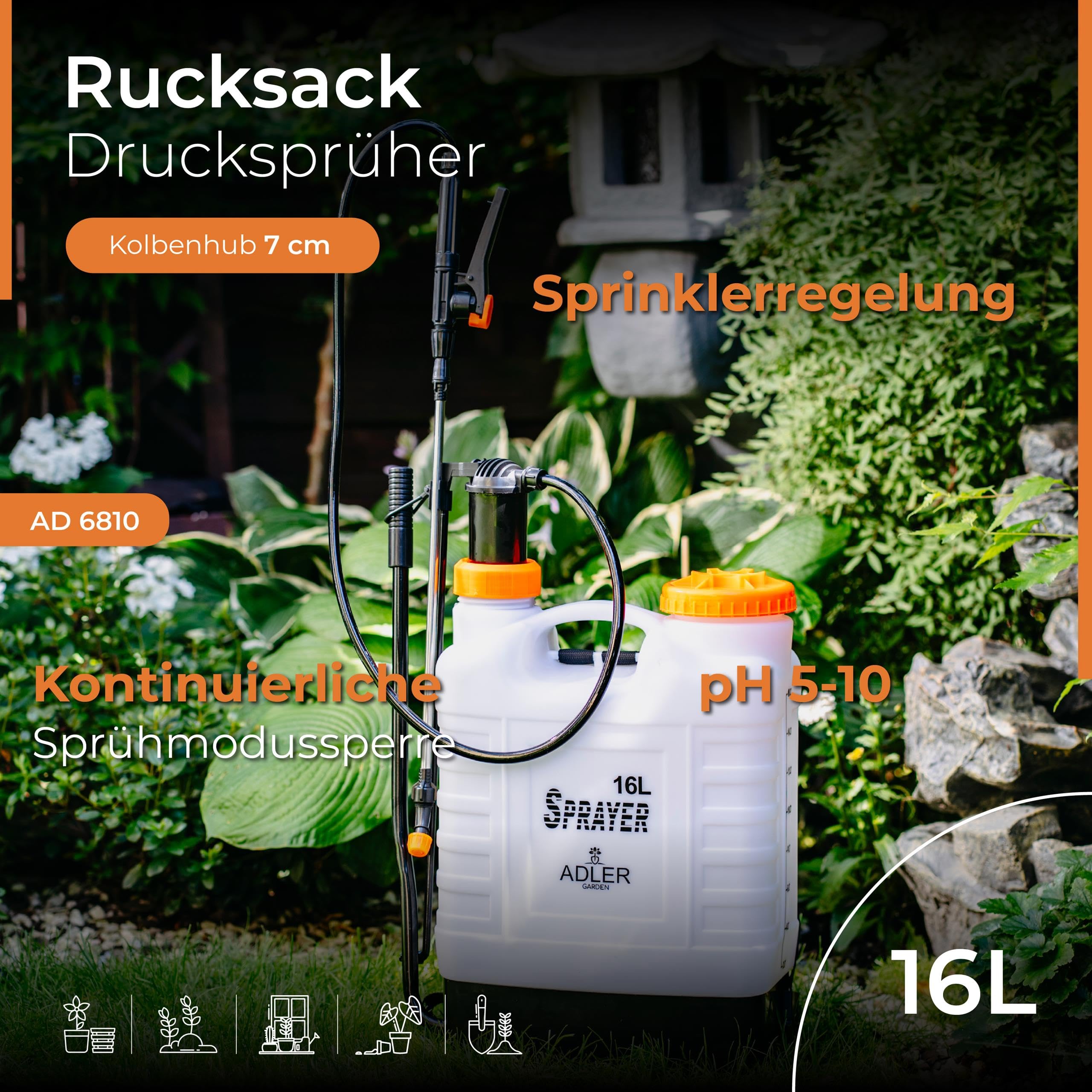 ADLER EUROPE Rückenspritze – Drucksprüher 16 L mit teleskopischer 48–83 cm Edelstahl-Lanze und 115 cm Schlauch, Arbeitsdruck 2–3 bar - Sicherheitsventil – ideal für große Gärten und Nutzflächen