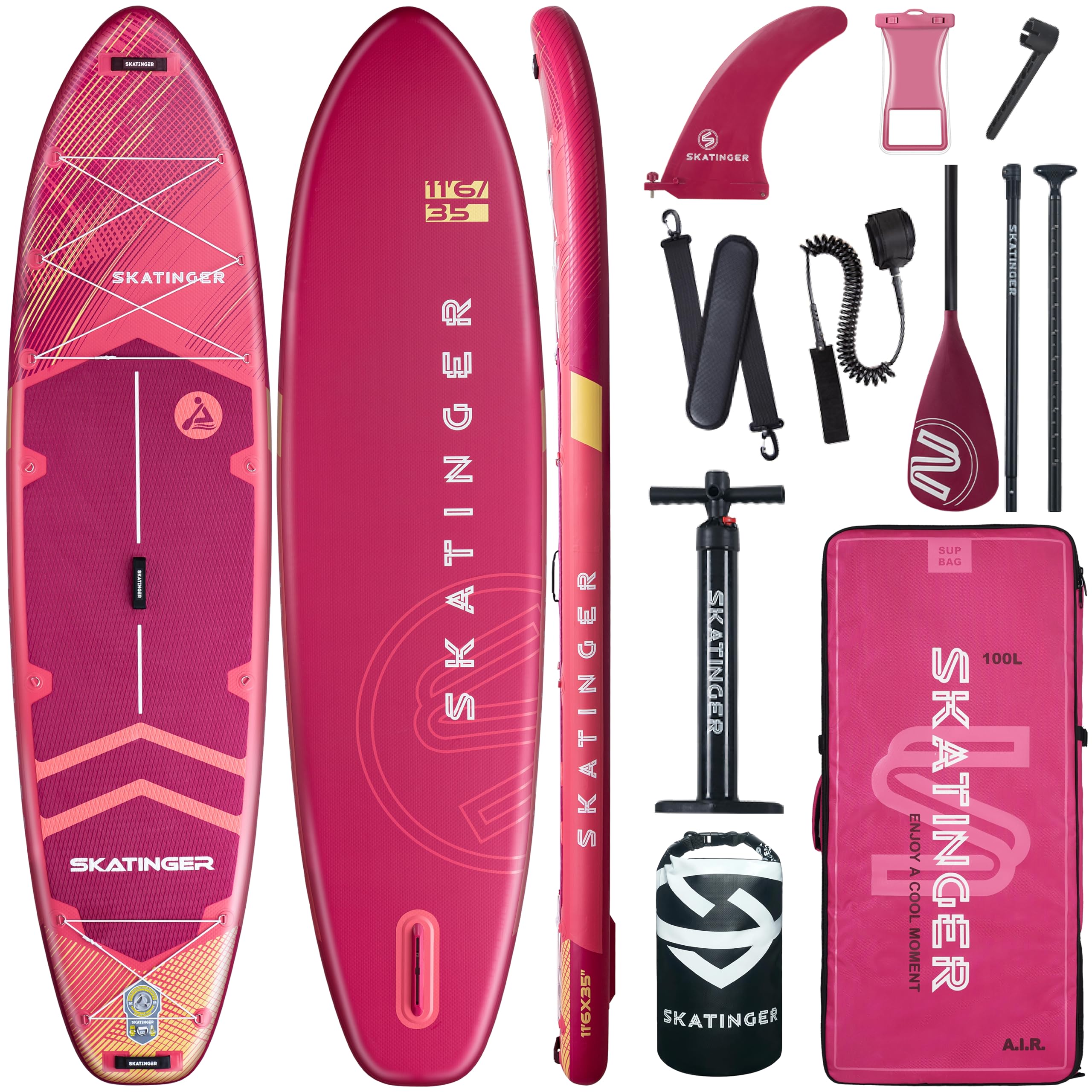 Skatinger Tavole gonfiabili per stand up paddle, 28 x 86 x 15,2 cm, tavola da SUP gonfiabile, tavola da yoga con zaino 1600D, 6 anelli a D extra, tracolla, pinna centrale degli Stati Uniti, pompa a 2