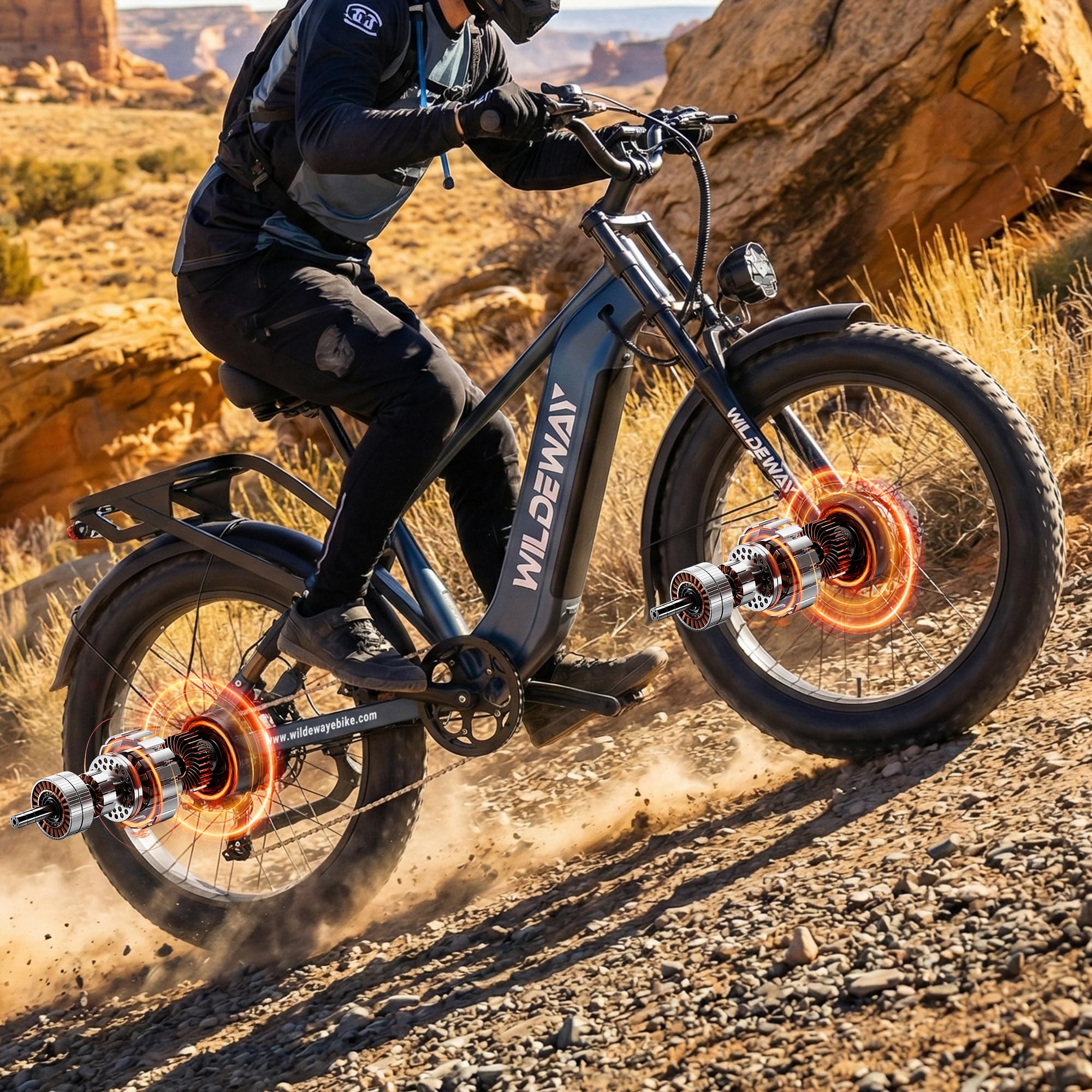 SOARED Adult electric mountain bike featuring dual motors, a torque sensor, a removable 48V 30Ah battery, hydraulic brakes, full suspension, and 26×4.0-inch wide tires